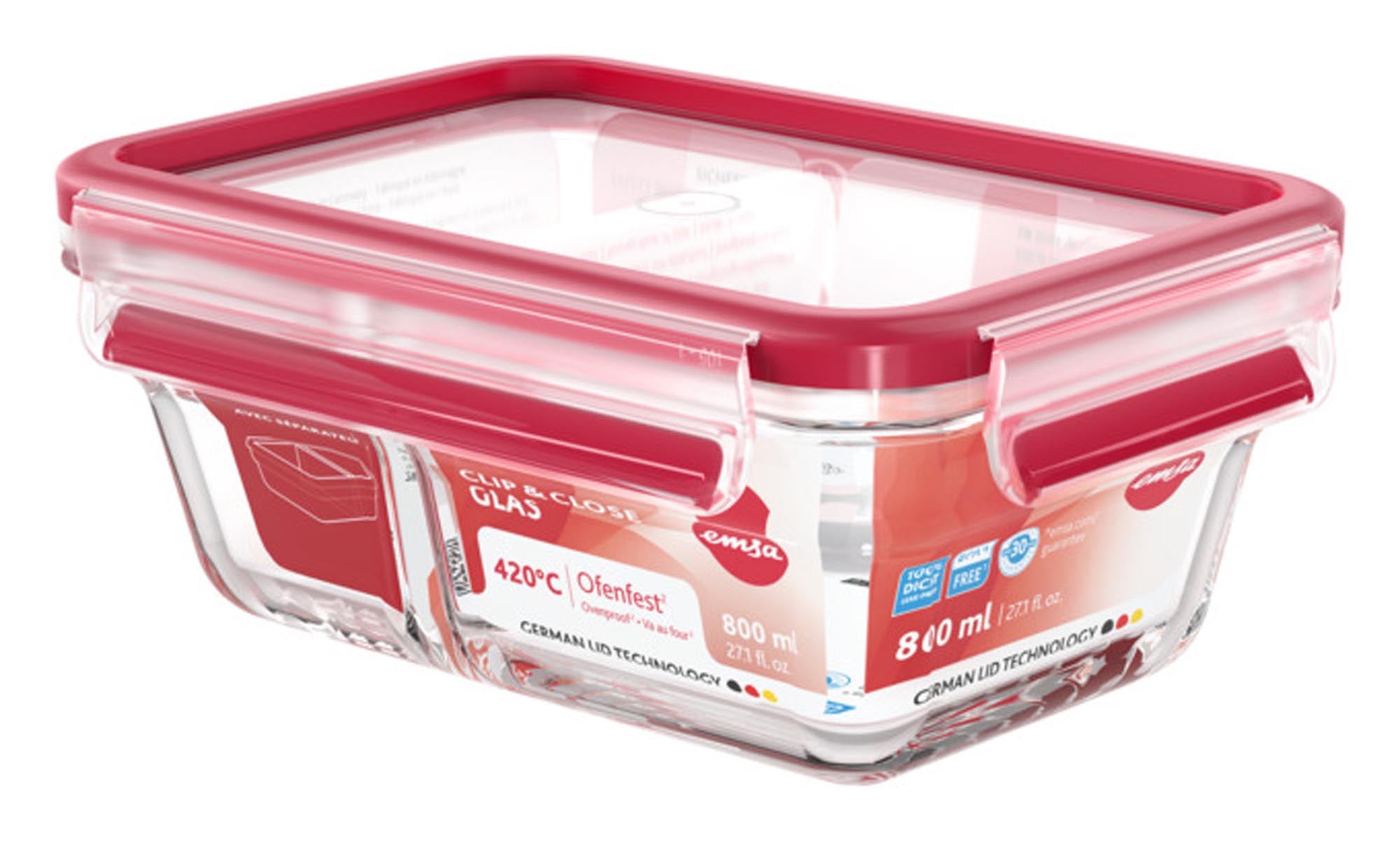 Rechteckige EMSA Glasdose 0,8l mit Trennwand, auslaufsicher, ideal für Frische und Aufbewahrung, mikrowellen- und spülmaschinengeeignet.