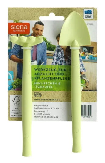 Praktisches 2-teiliges Pikierwerkzeugset von SIENA GARDEN mit Rechen und Schaufel, ideal für präzises Arbeiten in Beeten und Töpfen.