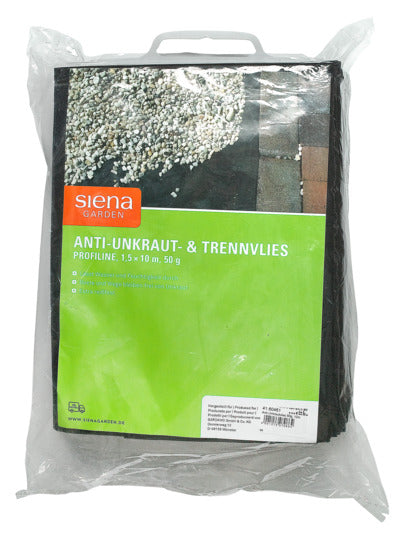 Unkrautvlies von SIENA GARDEN, 1.5x10 m, 50 g/m², schwarz. Ideal für Gartenpflege, schützt vor Unkraut und fördert Pflanzenwachstum.