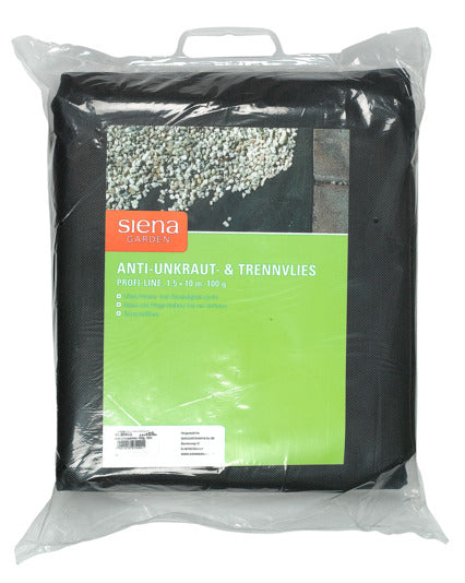 Unkrautvlies von SIENA GARDEN, 1.5x10 m, 100 g/m², schwarz. Ideal für Gartenpflege, schützt vor Unkraut und fördert Pflanzenwachstum.