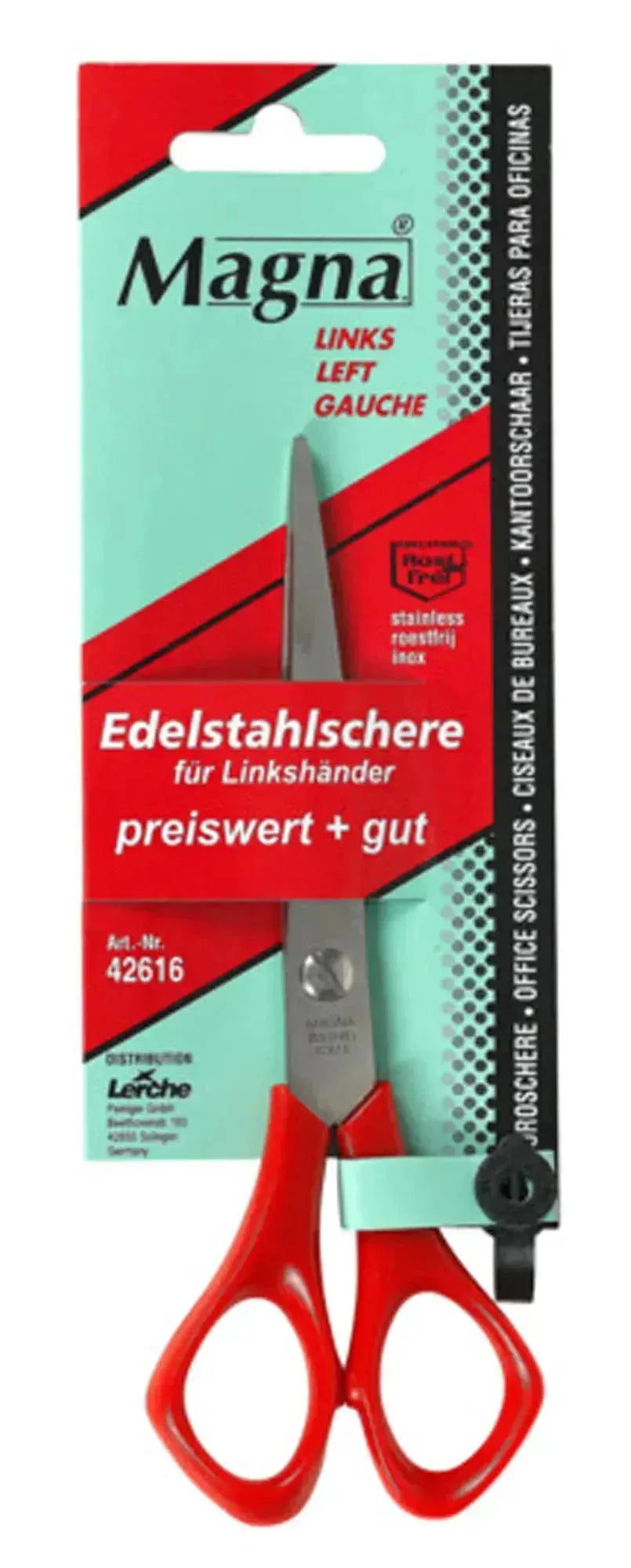 Die LERCHE Schere Magna 426 links, 16 cm, ist ein hochwertiges Werkzeug für präzises Schneiden, speziell für Linkshänder.