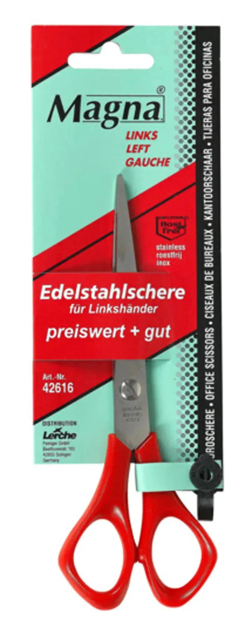 Die LERCHE Schere Magna 426 links, 16 cm, ist ein hochwertiges Werkzeug für präzises Schneiden, speziell für Linkshänder.