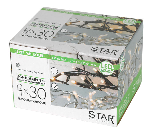 Lichterkette mit 30 warmweißen LEDs, 3 m Länge, transparentes Kabel, IP44, ideal für stimmungsvolle Beleuchtung.