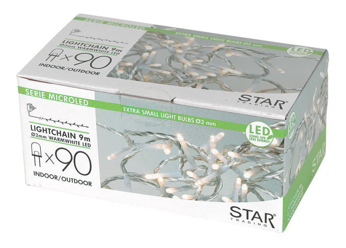 Lichterkette mit 90 warmweißen LEDs, 9 m Länge, transparentes Kabel, IP44, ideal für stimmungsvolle Beleuchtung im Innen- und Außenbereich.