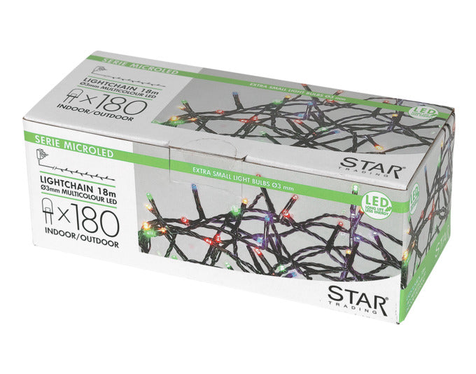 Lichterkette mit 180 warmweißen LEDs, 18 m Länge, schwarzem Kabel, IP44, perfekt für dekorative Beleuchtung drinnen und draußen.