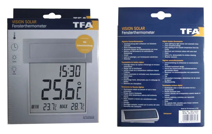 Das TFA Vision Solar Fensterthermometer zeigt präzise Außentemperaturen an, ist solarbetrieben und einfach am Fenster zu montieren.