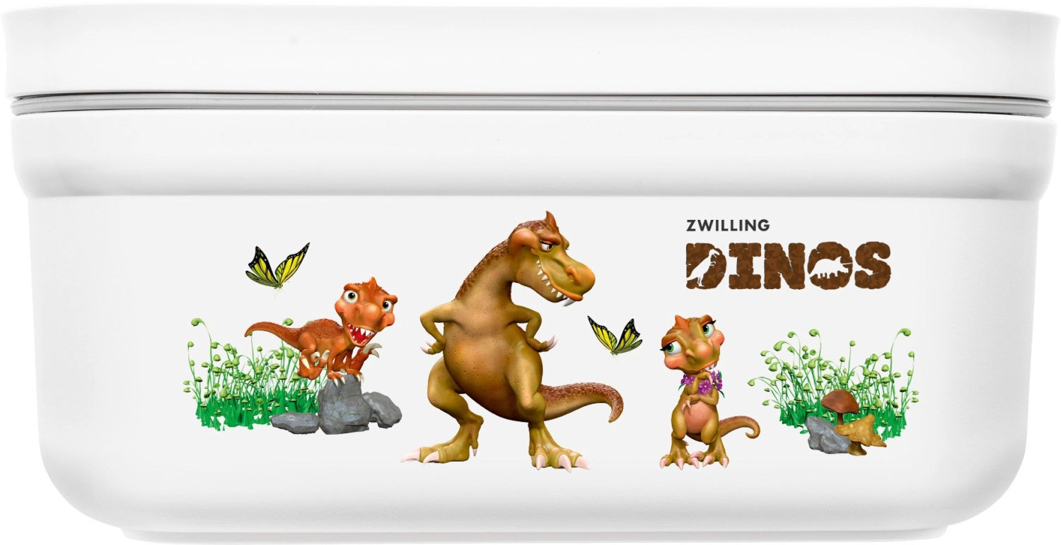 Niedliche Vakuum-Lunchbox S im Dino-Design aus robustem Kunststoff, ideal für Kinder, mit 0.5L Volumen und kompakten Maßen von 15.6x8.7x7.7 cm.