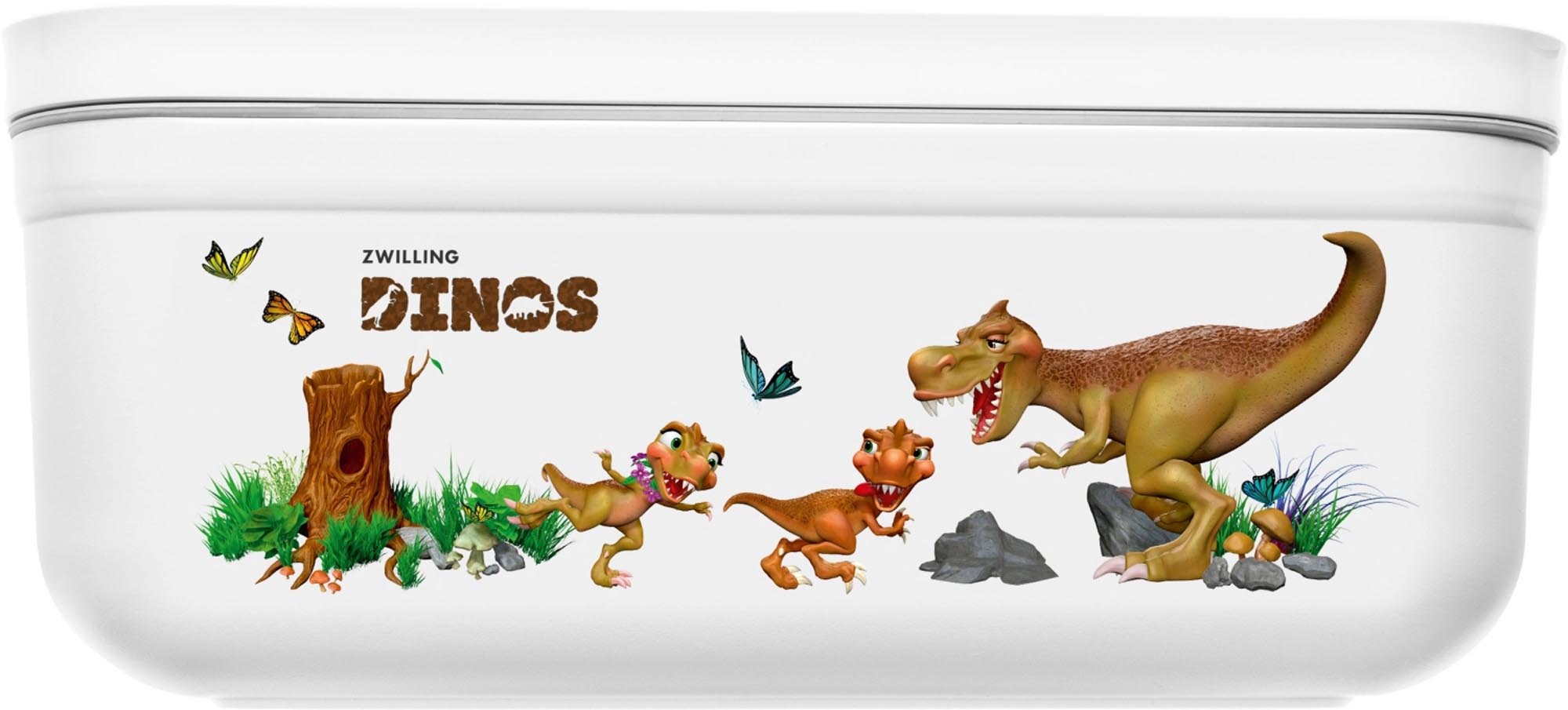 Praktische Vakuum-Lunchbox mit Dino-Design, 1.3L Volumen, ideal für frische Speisen unterwegs, Masse: 21.7x14.6x9.1 cm, von Zwilling.
