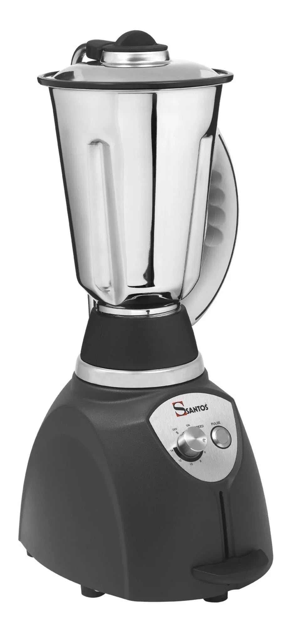 Leistungsstarker Santos Mixer: 4L Polycarbonat-Aufsatz, grauer Motorblock, ideal für Profiküchen. Robust, elegant, vielseitig.