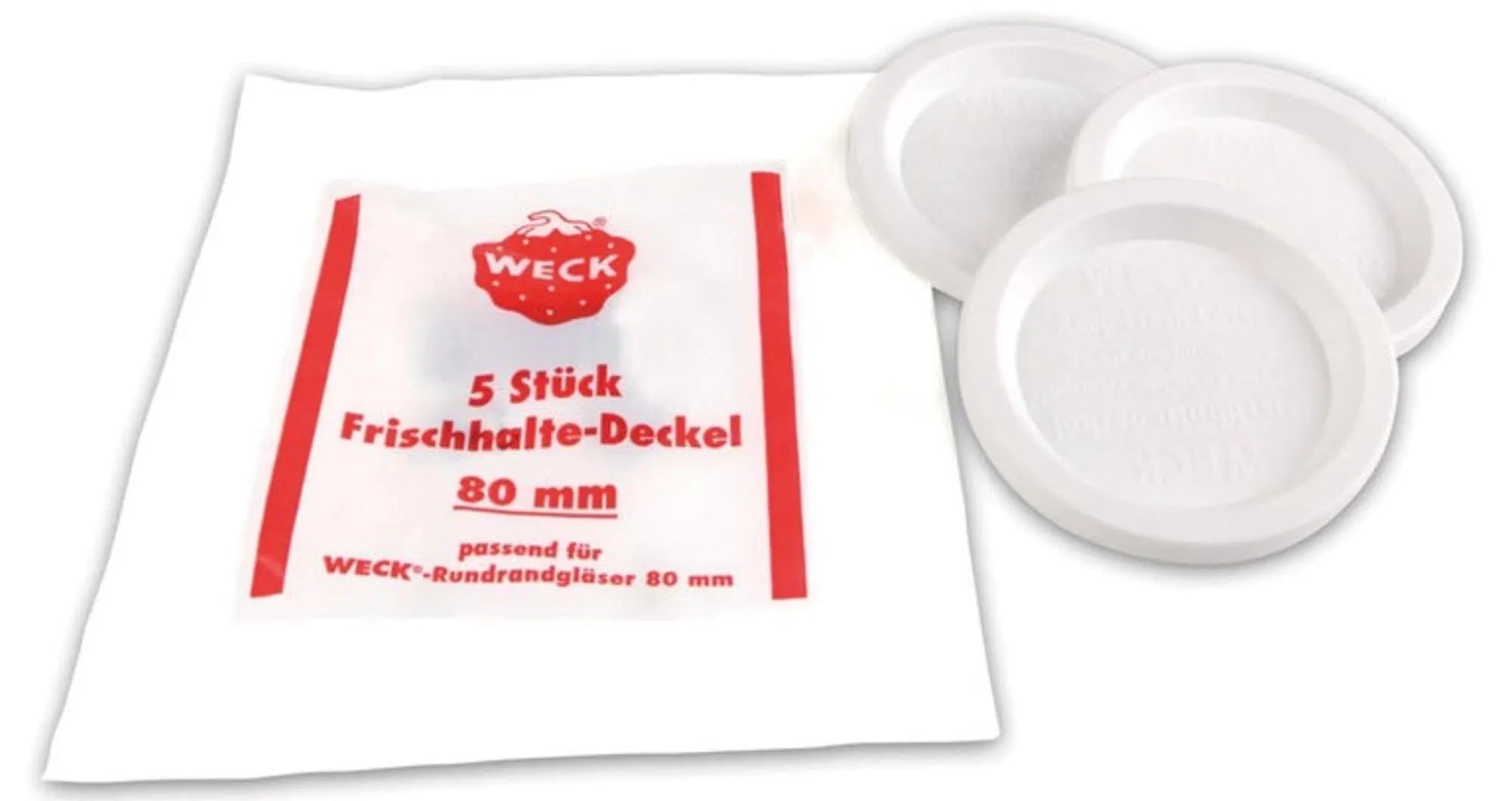 5 Weck Frischhalte-Deckel 80 mm: Luftdicht, spülmaschinenfest, ideal für frische Lebensmittel und nachhaltige Aufbewahrung.