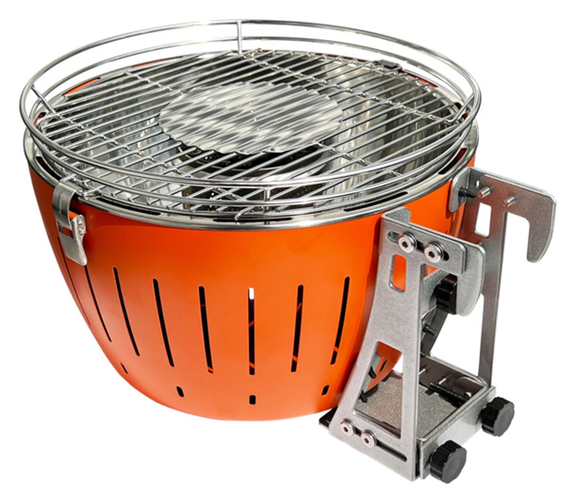 Sicherer Edelstahl-Geländerhalter für LotusGrill, ideal für Balkone und Camping. Robust, wetterfest, einfach zu montieren.