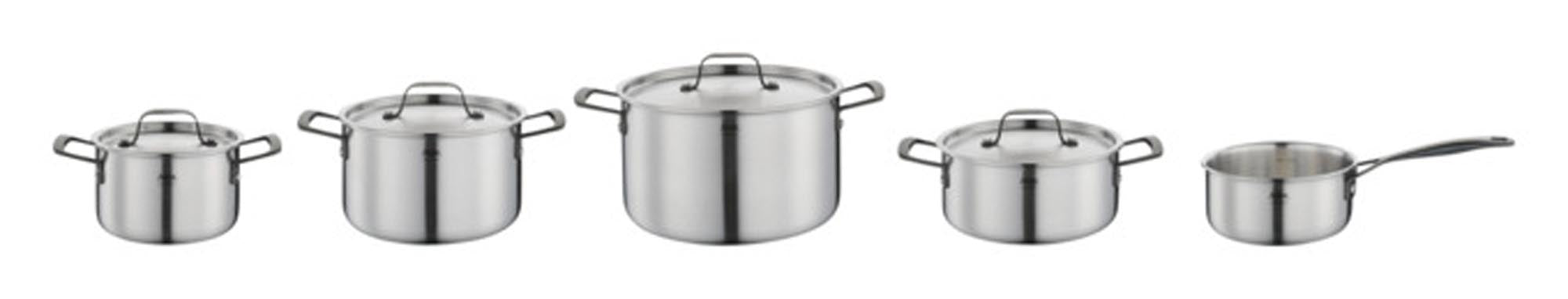Erleben Sie das 5-teilige SPRING Topf-Set Gourmet in elegantem Schwarz. Hochwertiger Edelstahl, vielseitig einsetzbar und ideal für jede Kochsituation!
