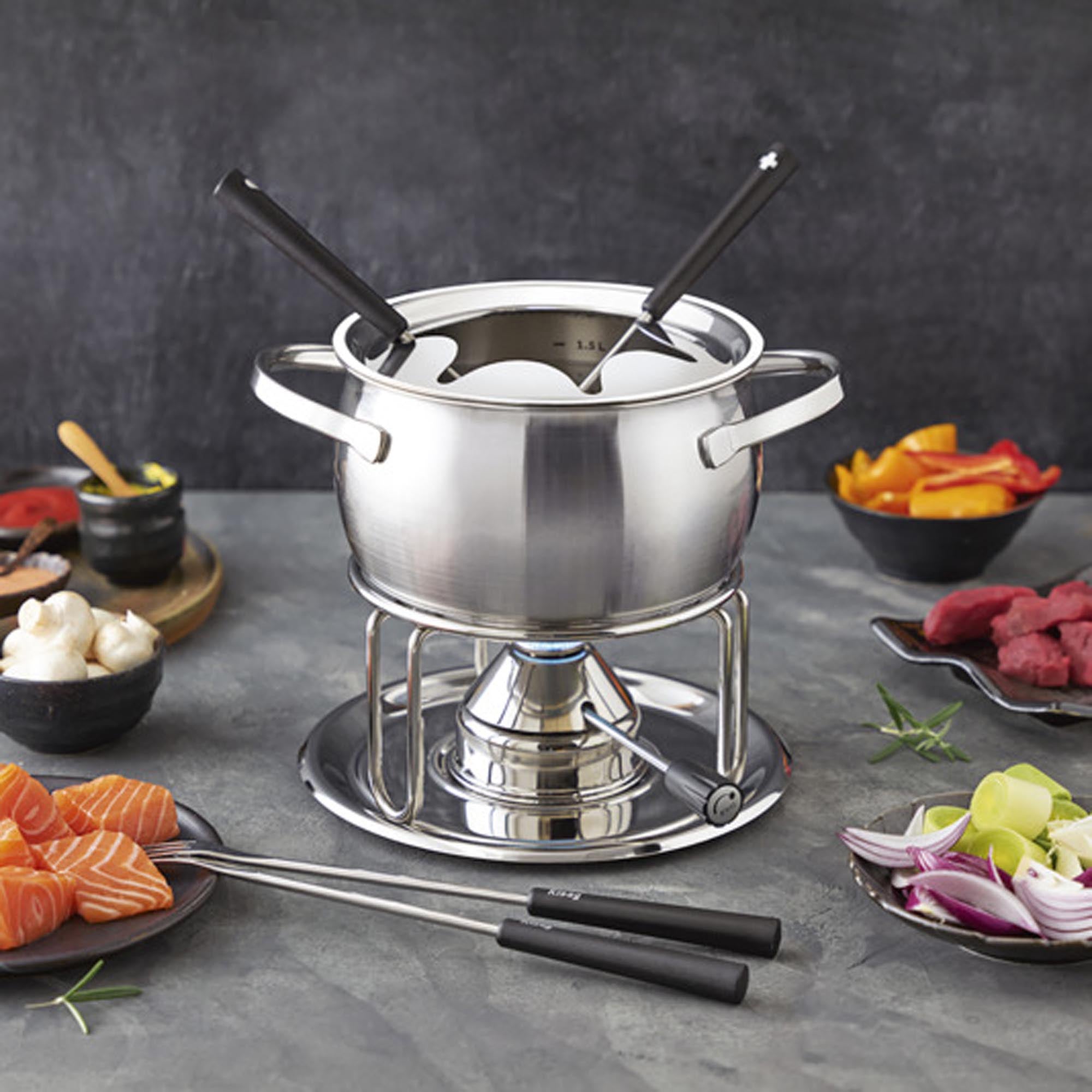 Elegantes Fonduebourguignonne-Set von KISAG: Edelstahl, Spritzschutz, ideal für kleine Gruppen. Perfekt für gesellige Abende.