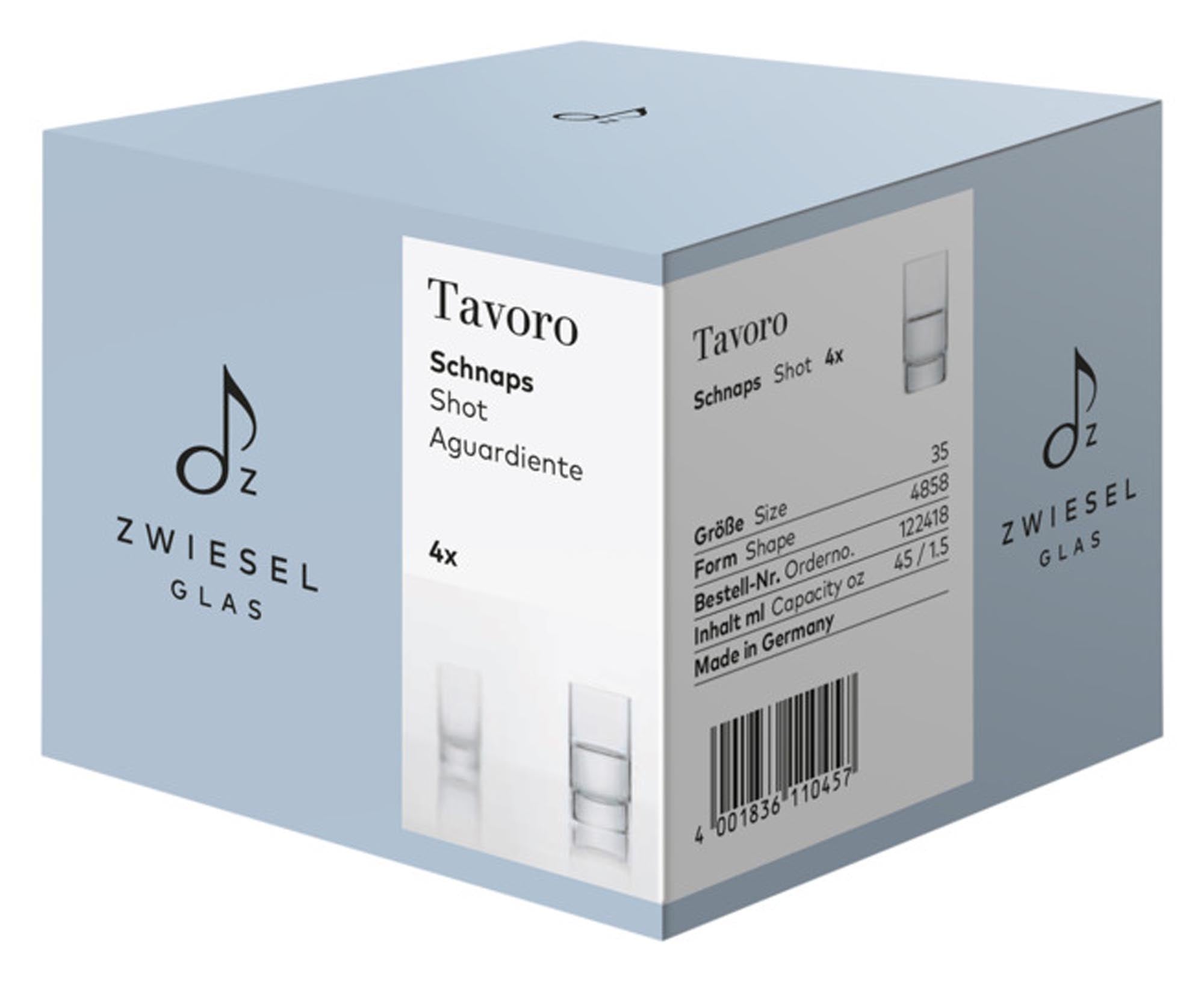 Elegantes Schnapsglas-Set Tavoro 35 von ZWIESEL GLAS: 4 Kristallgläser, 35 ml, ideal für Schnaps, Grappa, Likör. Spülmaschinenfest.