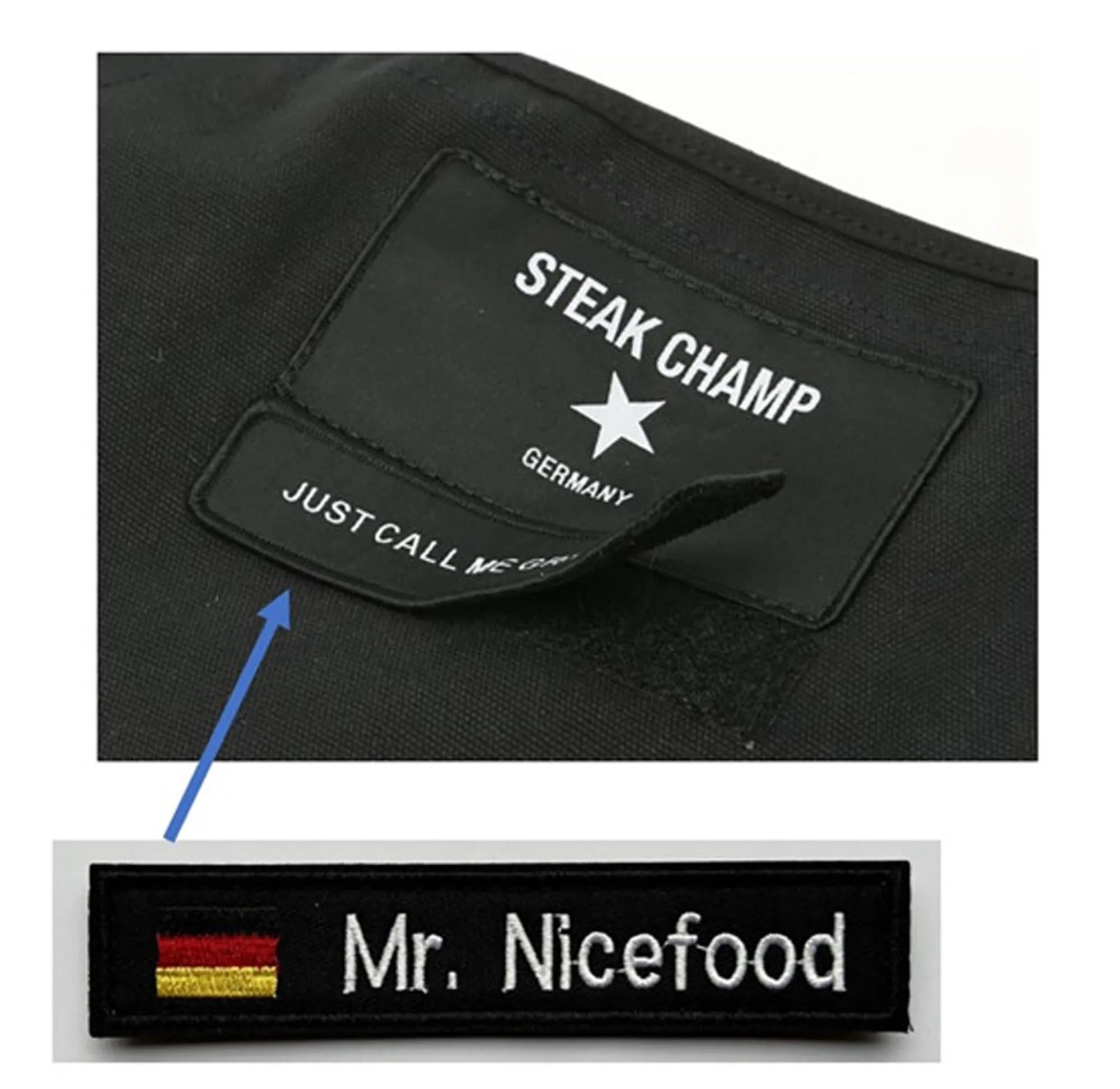 Praktische STEAK CHAMP Schürze mit 2 Taschen und Klett für Namen.