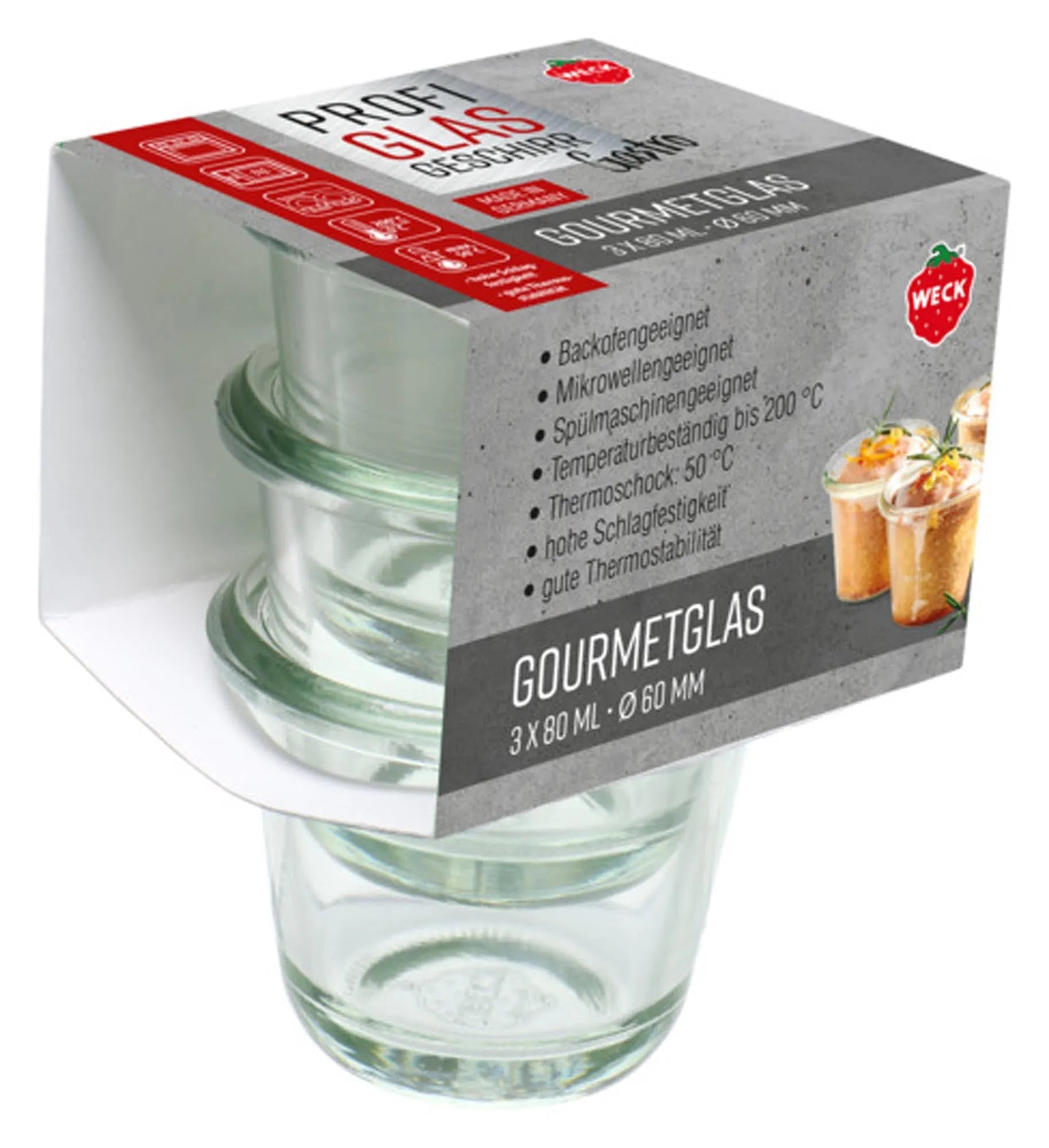 Elegante WECK Gourmetgläser 3x80ml, ø 6 cm, ideal für Desserts & Dips. Hitzebeständig, spülmaschinenfest, stilvoll & vielseitig.