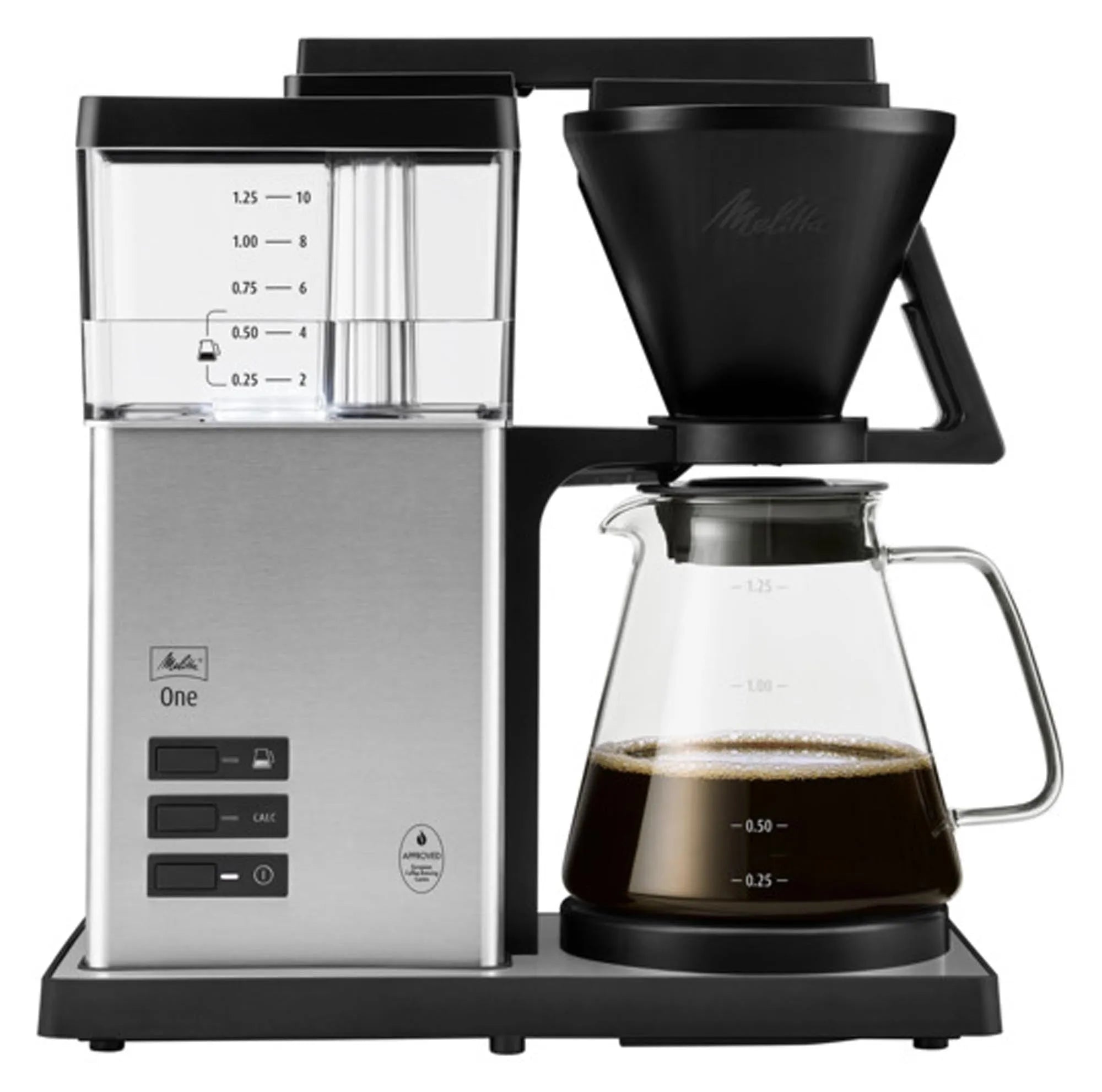 Elegante Melitta Kaffeemaschine aus Edelstahl, robust und langlebig, mit 10-Tassen-Glaskanne und Tropfstopp-Funktion.