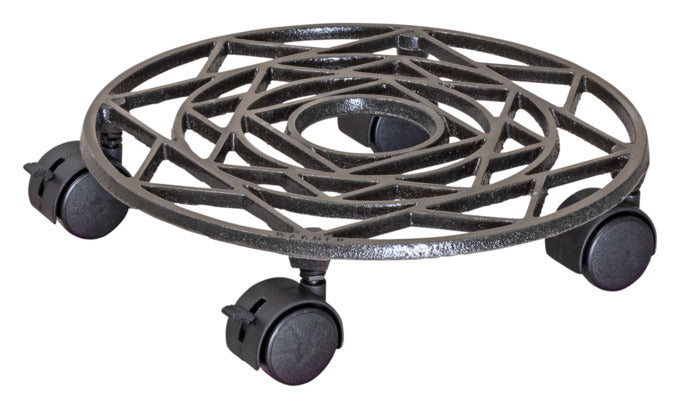 Eleganter Rolluntersetzer aus Gusseisen, ø 285 mm, nickel-matt, antikes Design, ideal für Pflanzen und Möbel.