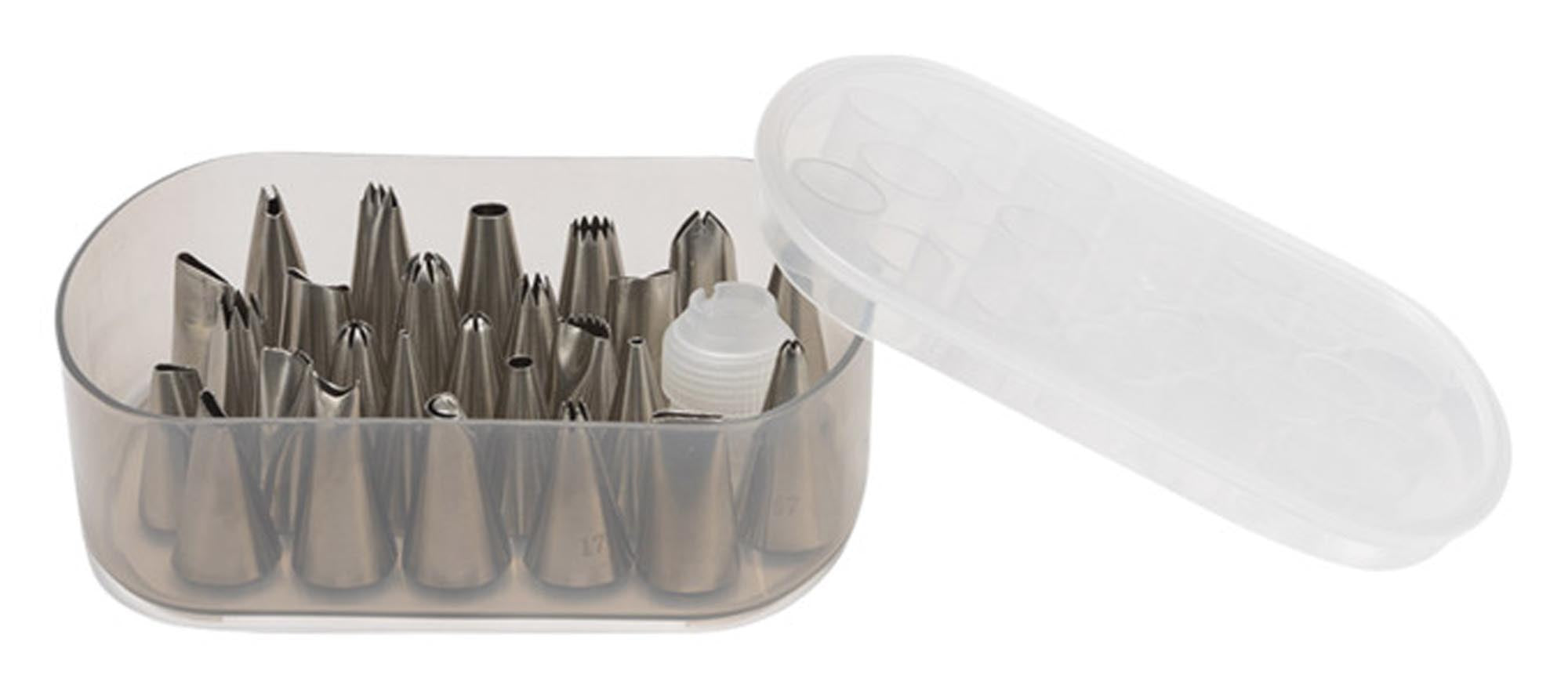 27-teiliges Spritztüllen Set von PATISSE: Edelstahl, Adapter, Kunststoffbox. Perfekt für kreative Kuchendekorationen.