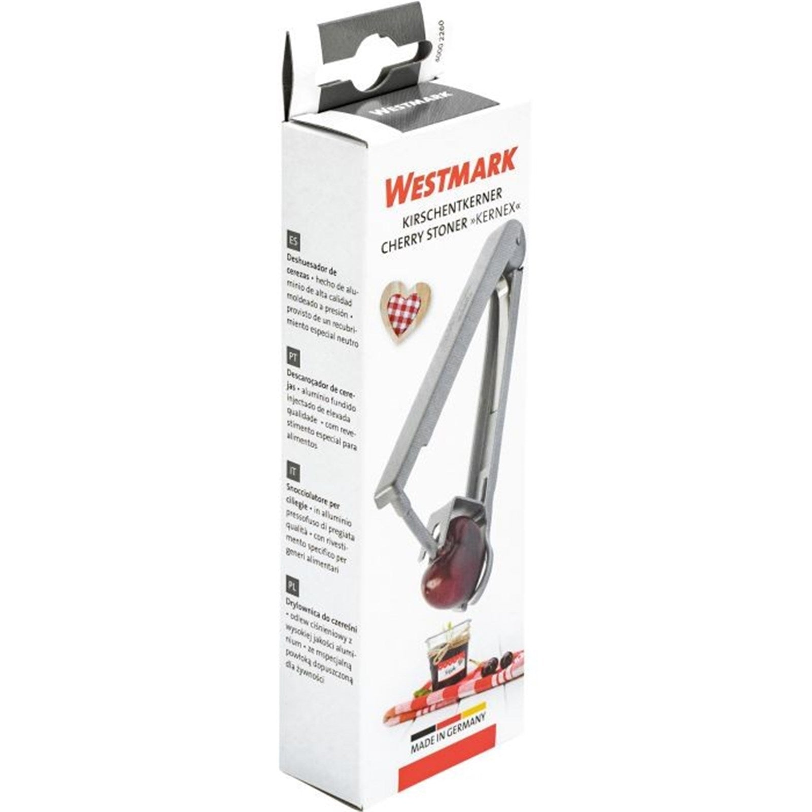 Kompakter Kirschentkerner von Westmark, ideal für schnelles und sauberes Entkernen, robust und leicht zu reinigen, Maße: 14x4x2.5cm.