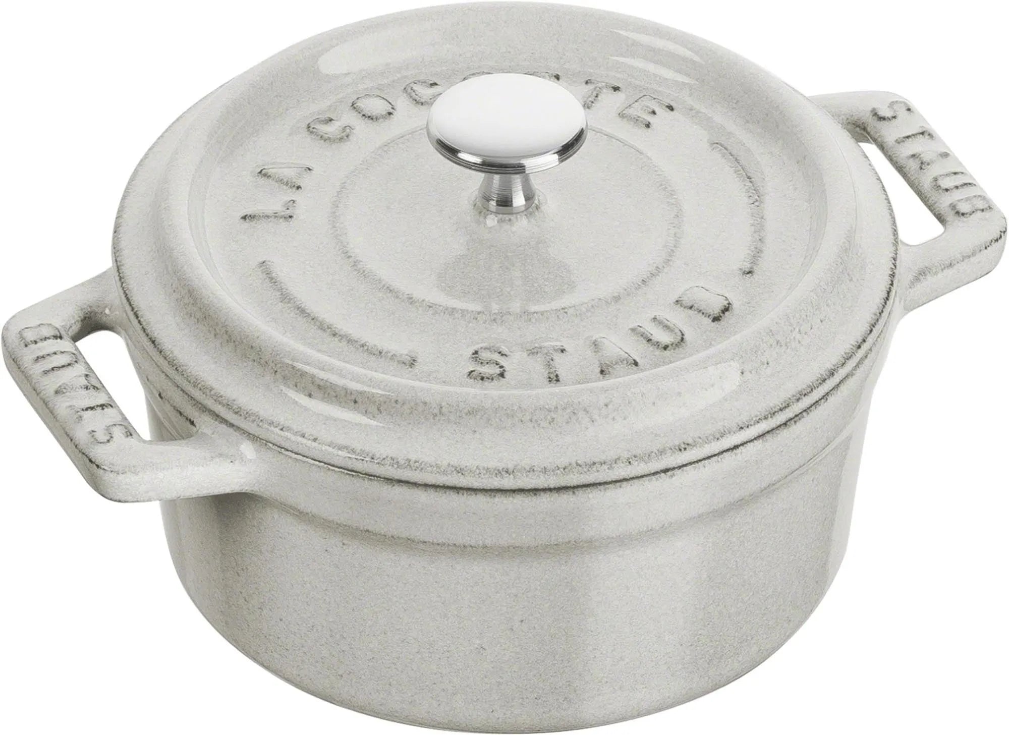 Elegante Mini Cocotte 10 cm von Staub in Weißem Trüffel, aus Gusseisen, ideal für kleine Portionen, ofenfest bis 250°C, für alle Herdarten.