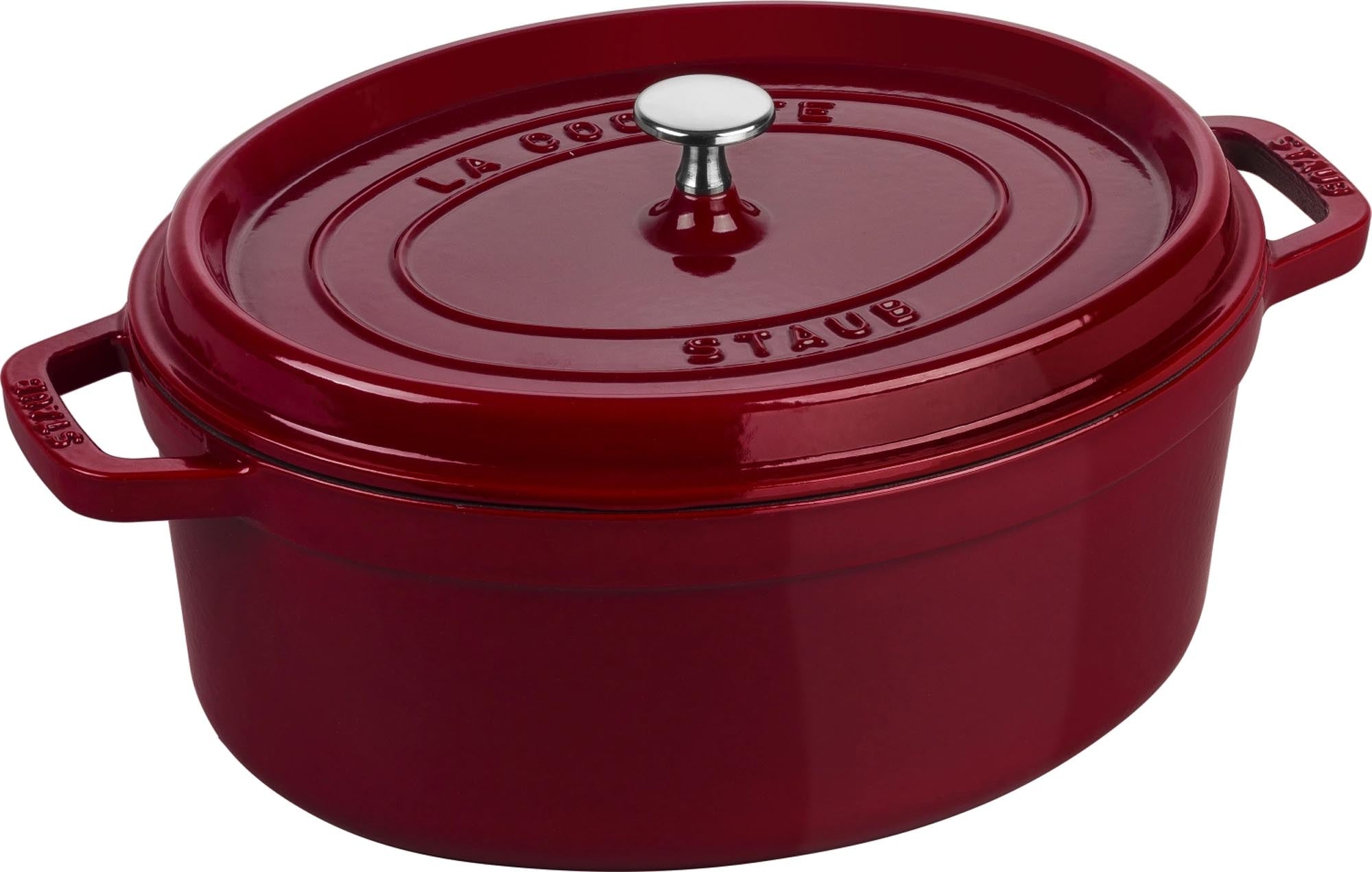 Elegante Cocotte 31 cm, oval, Bordeaux, aus Gusseisen, 5.5l, für gleichmässiges Garen und vielseitige Zubereitung.