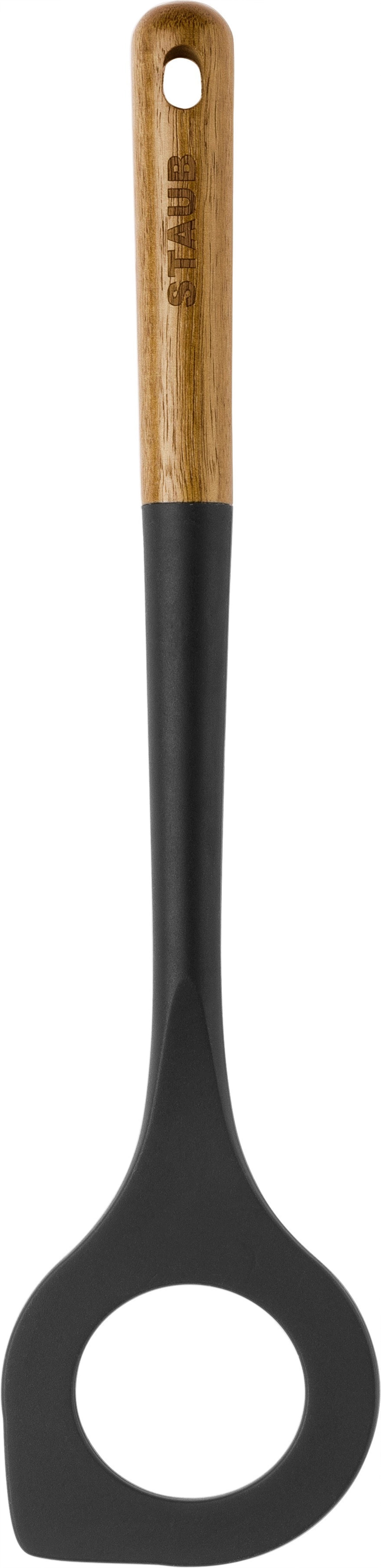Eleganter Kochlöffel aus Akazie mit Silikoneinsatz, 31 cm, perfekt zum Rühren und Servieren, vereint Funktionalität und modernes Design.
