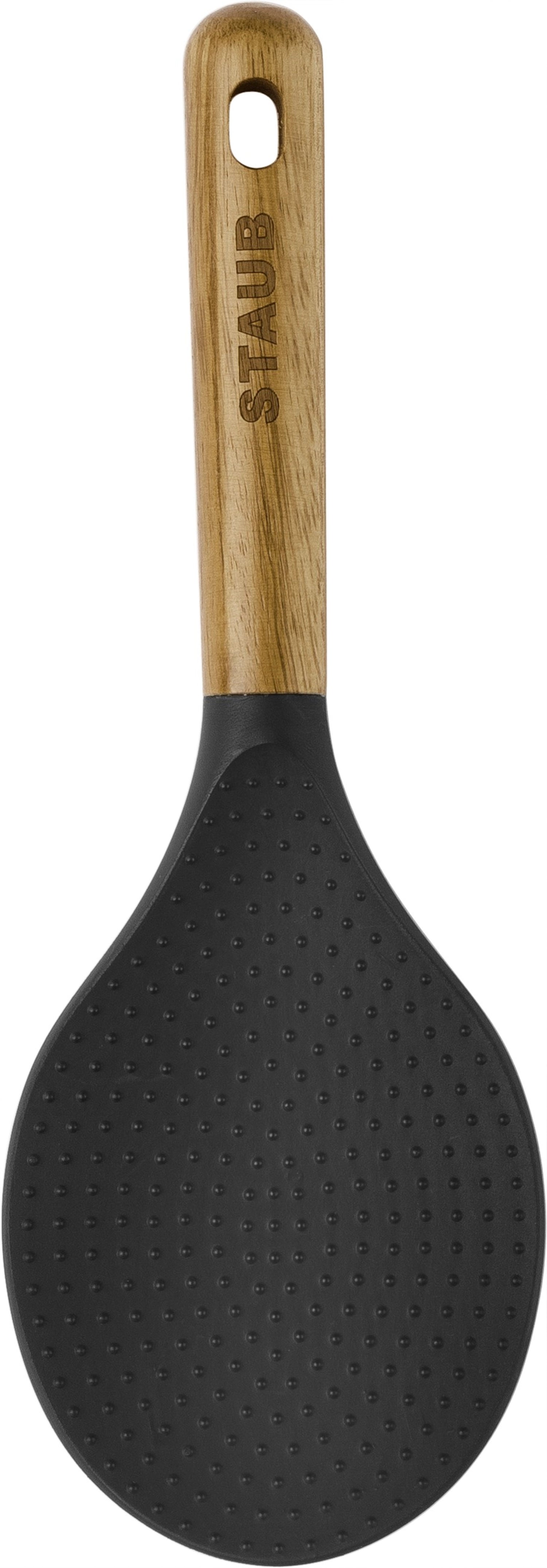 Hochwertiger Reislöffel aus Akazienholz mit Silikonbeschichtung, 22 cm, ideal für das Servieren von Reis und Beilagen in stilvollen Küchen.