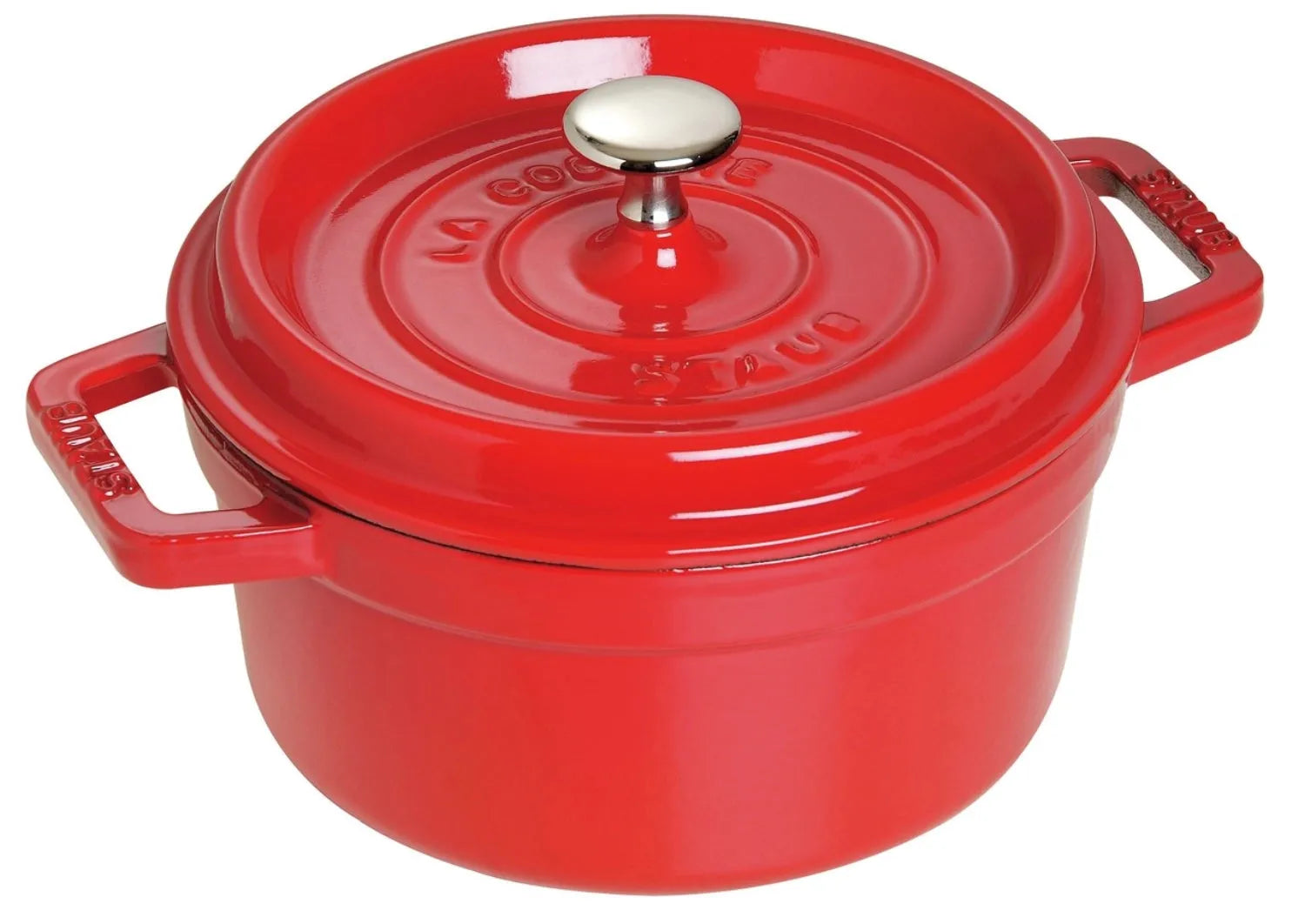 Elegante, kirschrote 20 cm Cocotte von Staub aus Gusseisen, ideal zum Schmoren und Braten, 2,2l, für alle Herdarten.