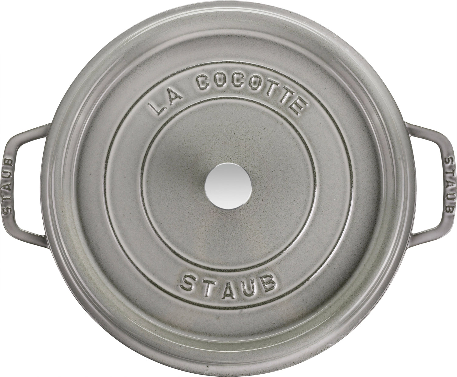 Hochwertige runde Cocotte von Staub mit 8,35 l Volumen, ideal für die Zubereitung und Präsentation köstlicher Gerichte.