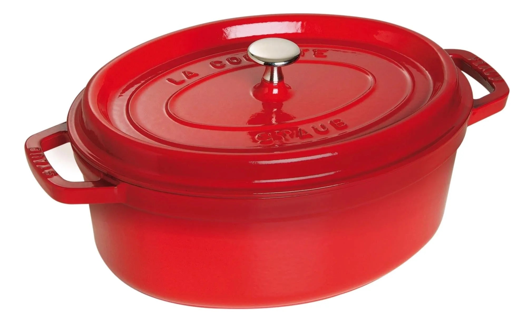 Elegante Cocotte 33 cm, Kirsch-Rot, aus Gusseisen. Perfekte Wärmeverteilung, ideal zum Schmoren und Braten. Für Ofen und Induktion geeignet.