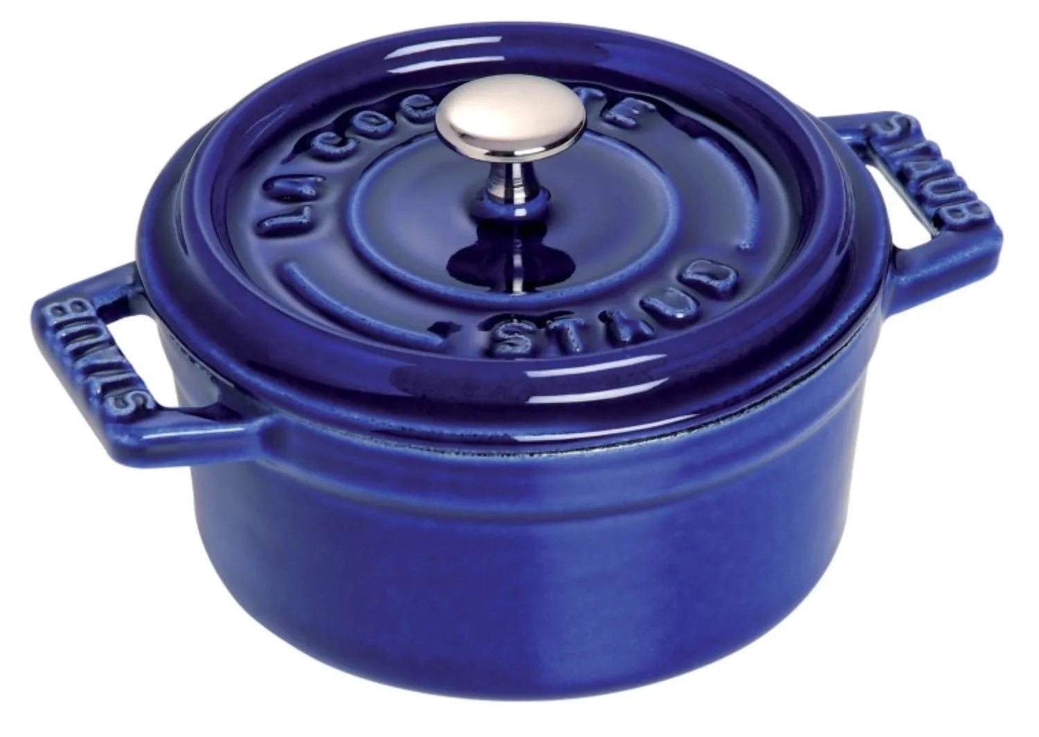 Elegante Mini Cocotte aus Gusseisen, 10 cm, dunkelblau. Perfekt für kleine Portionen, gleichmäßige Wärmeverteilung, leicht zu reinigen.