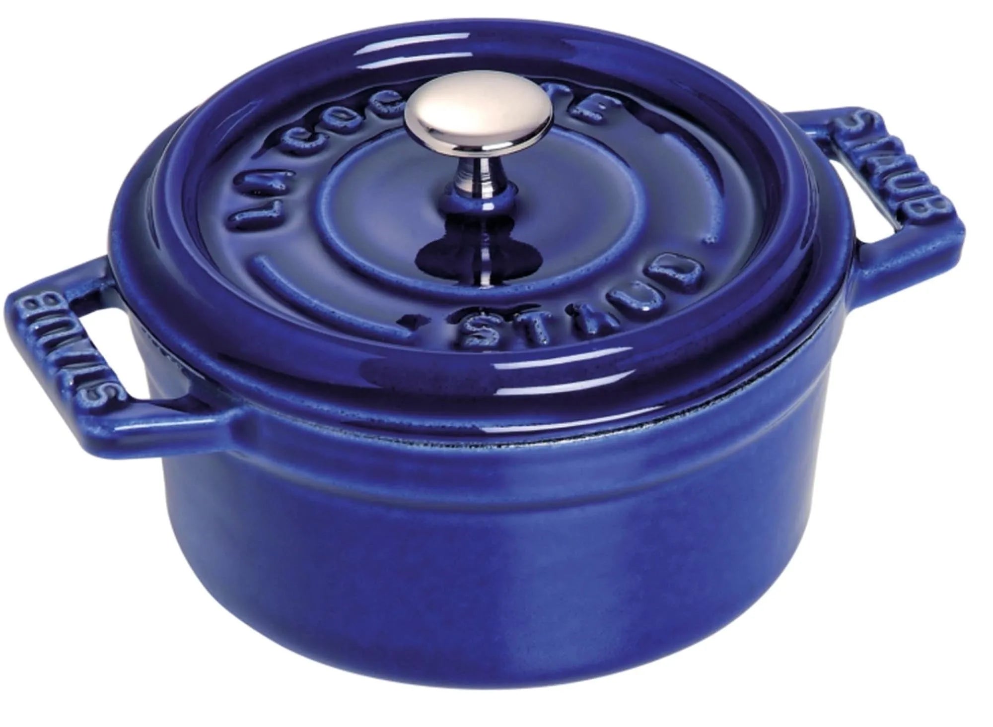 Elegante Staub Cocotte, 30 cm, dunkelblau, 8,35l. Gusseisen für perfekte Wärmeverteilung. Ideal für Eintöpfe und Schmorgerichte.