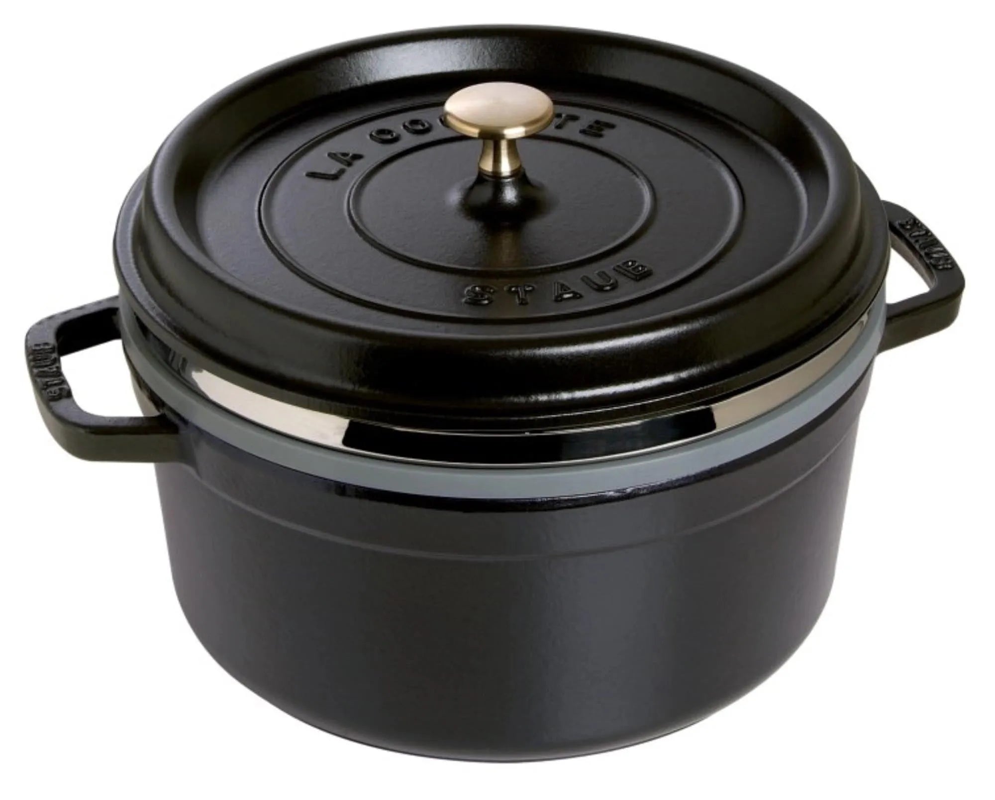 Elegante 26 cm Cocotte von Staub: Gusseisen, schwarz, mit Dämpfeinsatz. Perfekt für Eintöpfe, Suppen, gesundes Dämpfen.