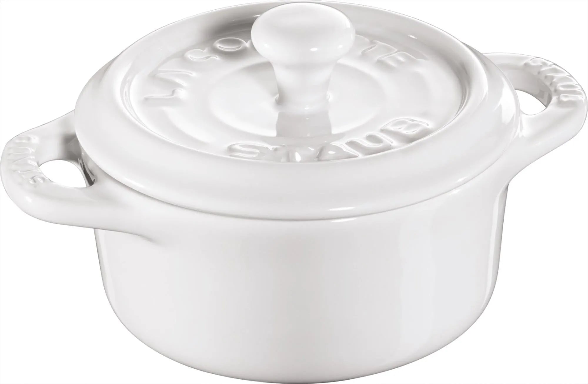 Elegante weiße Keramik Mini Cocotte von Staub, Ø10 cm, 0,2l. Perfekt für kleine Portionen, gleichmäßige Wärmeverteilung, kratzfest, spülmaschinenfest.