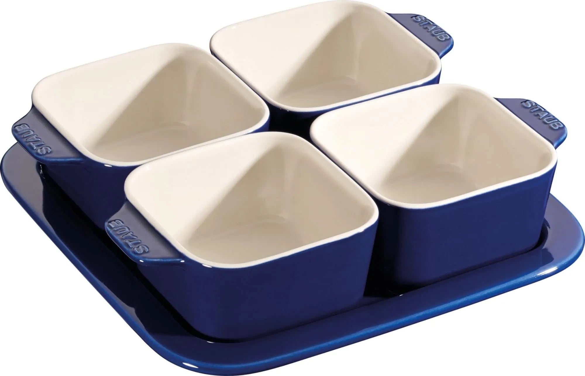 Elegantes 5-tlg. Keramik Apéro-Set in tiefem Blau von Staub. Ideal für Snacks & Dips, pflegeleicht & stilvoll. Perfekt für gesellige Anlässe.