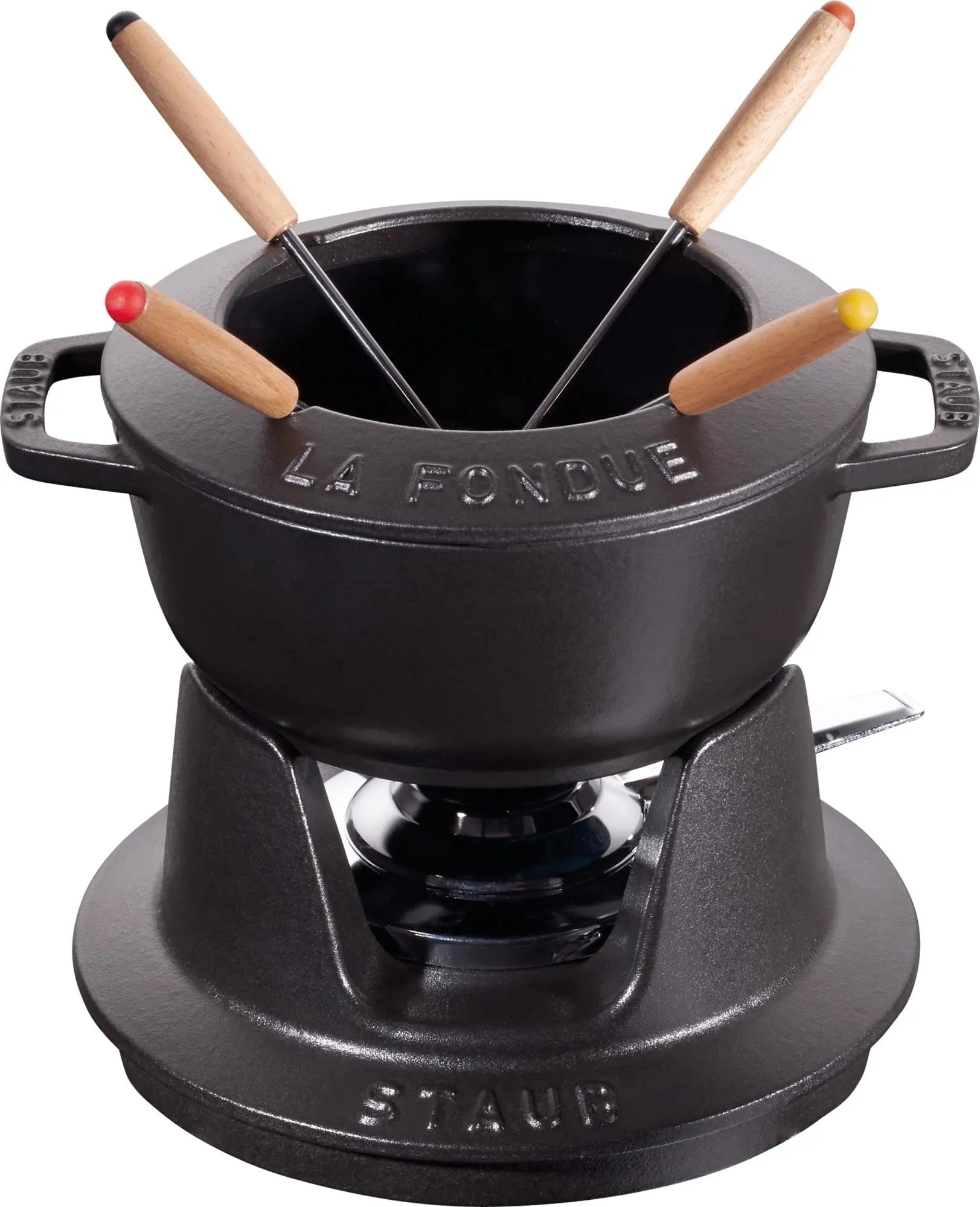 Elegantes Staub Fondue Set aus Gusseisen, schwarz, 16 cm, mit 2 Holzgriffen. Perfekt für Käse- und Schokoladenfondue.