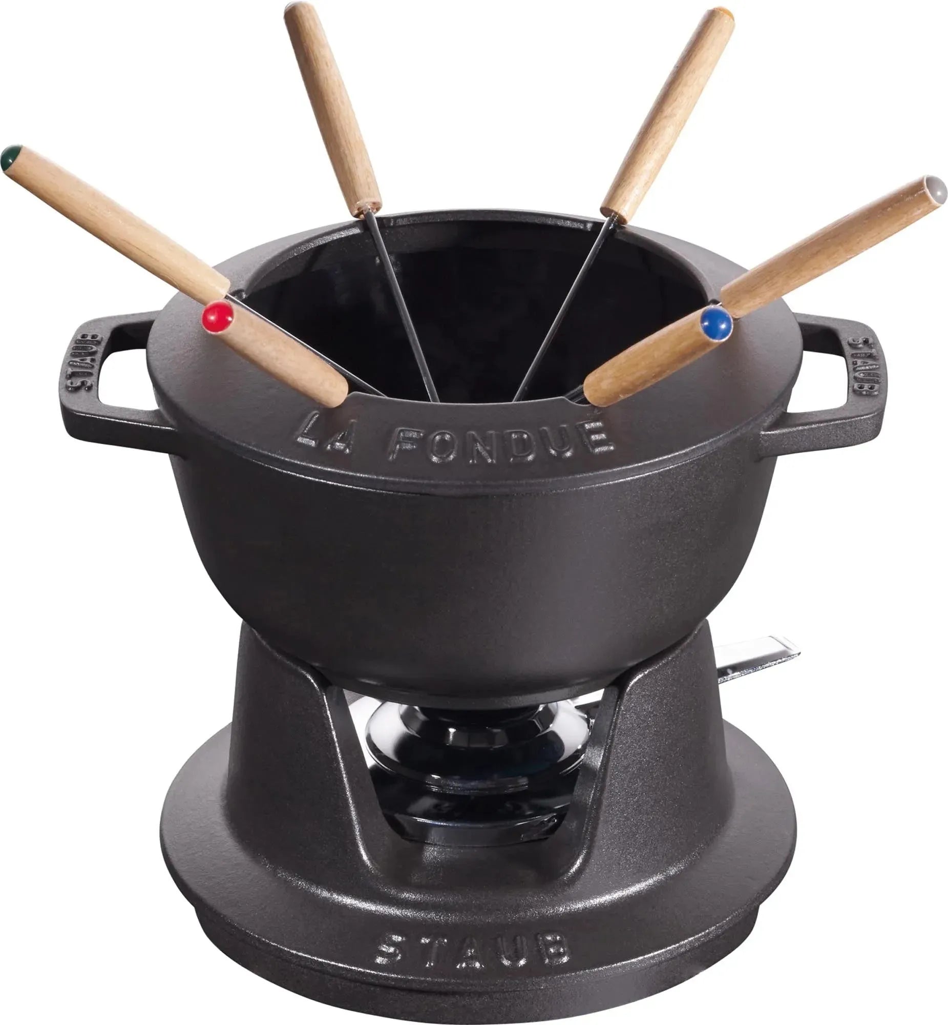 Elegantes Staub Fondue Set aus Gusseisen, 18 cm, schwarz, mit Holzgriffen. Perfekte Hitzeverteilung für Käse- und Schokoladenfondues.