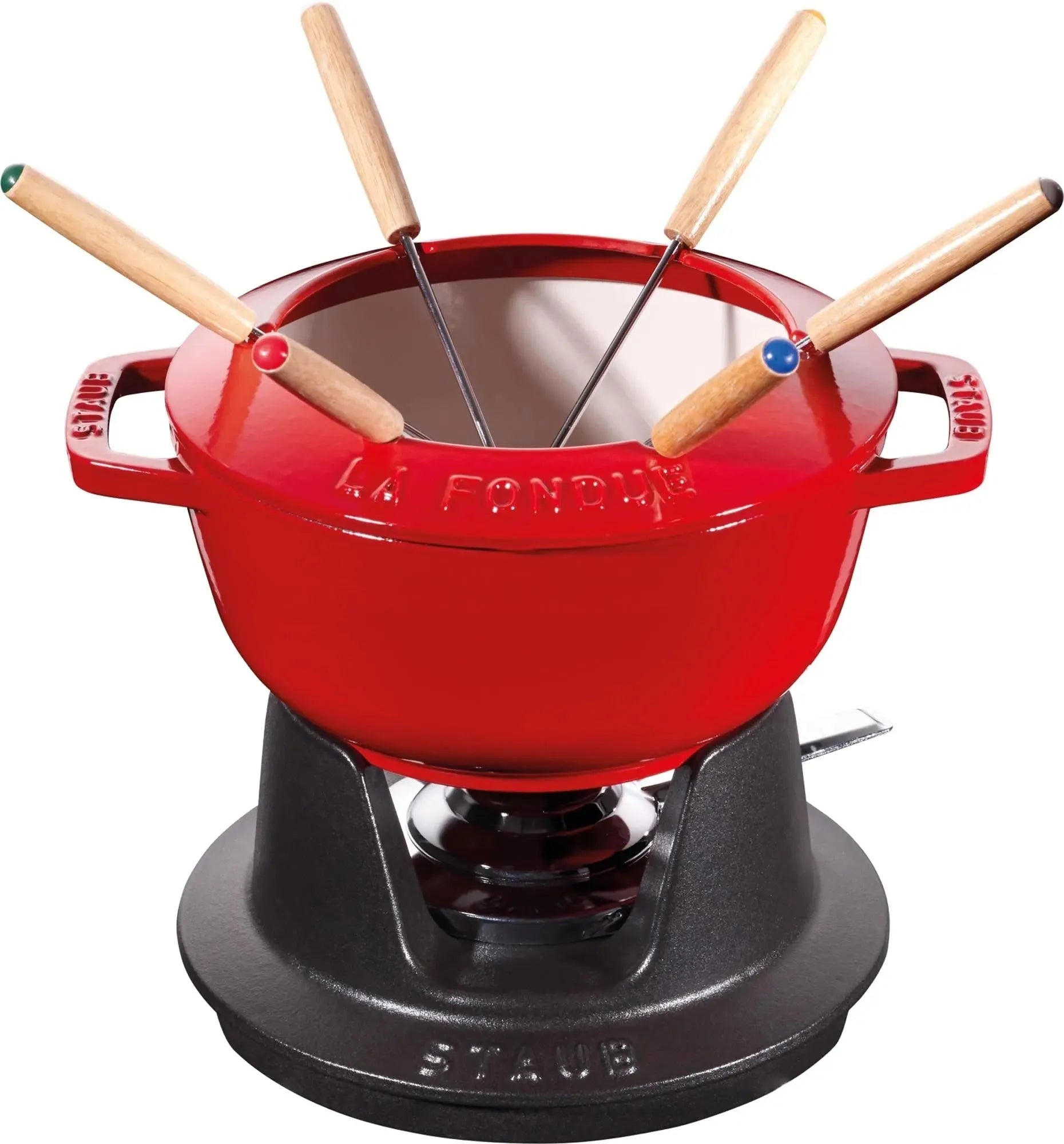 Elegantes Staub Fondue Set aus Gusseisen, 18 cm, mit Holzgriffen. Perfekt für stilvolle Fondue-Abende. Langlebig und pflegeleicht.