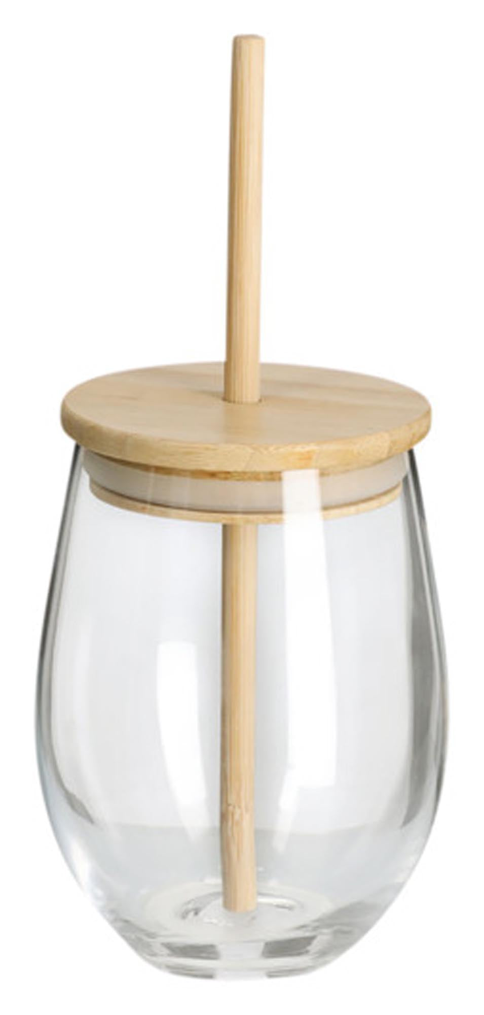 Stilvolles Trinkglas mit Bambusdeckel und Glastrinkhalm, ideal für Smoothies und Säfte. Nachhaltig und modern.
