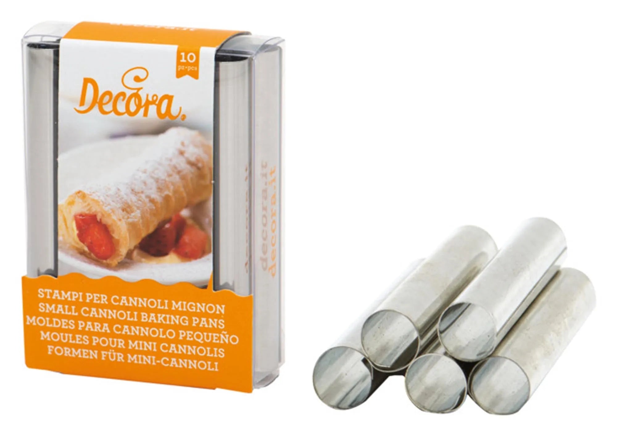 Mini Cannoli-Förmchen von DECORA: Perfekt für knusprige, kleine Cannoli. Robust, langlebig, ideal für kreative Füllungen. 10 Stück pro Packung.