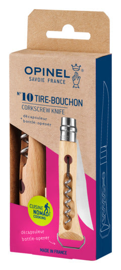 Das OPINEL Nr. 10 Messer kombiniert eine 10cm Klinge, Korkenzieher und Flaschenöffner, mit einem lackierten Buchenholzgriff.