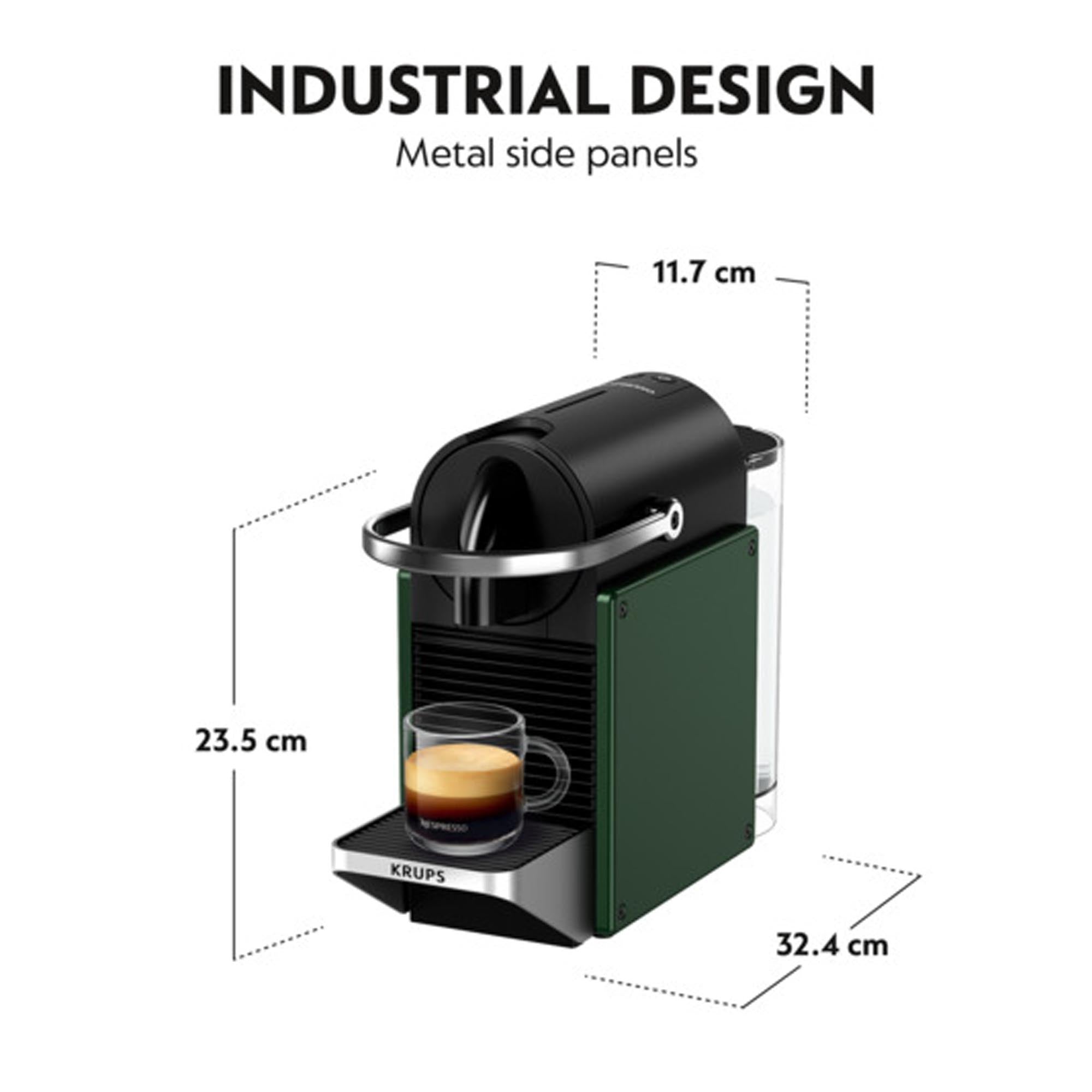 Die KRUPS Nespresso Pixie in Dunkelgrün bietet kompaktes Design, schnelle Aufheizung und perfekten Kaffeegenuss für Zuhause.