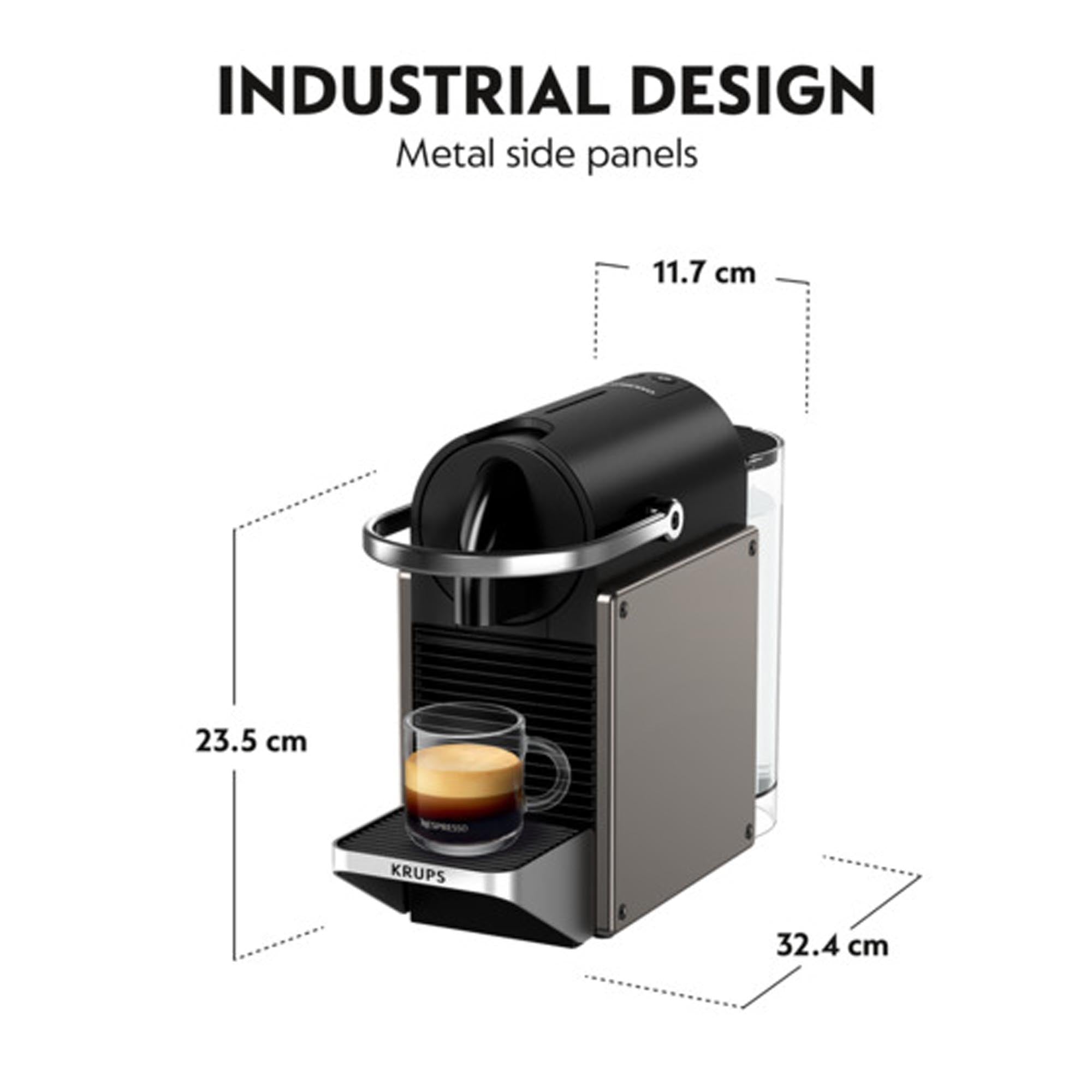 Kompakte KRUPS Nespresso Pixie Kaffeemaschine in Titan, ideal für schnellen, aromatischen Kaffeegenuss mit modernem Design.