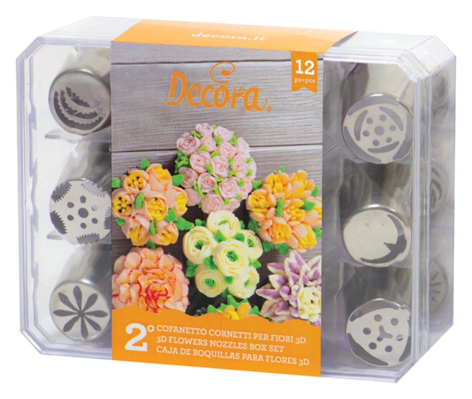 DECORA Spritztüllen-Box Blumen 3D Set mit 12 Stück Edelstahl Banderole orange in  präsentiert im Onlineshop von KAQTU Design AG. Backzubehör ist von DECORA