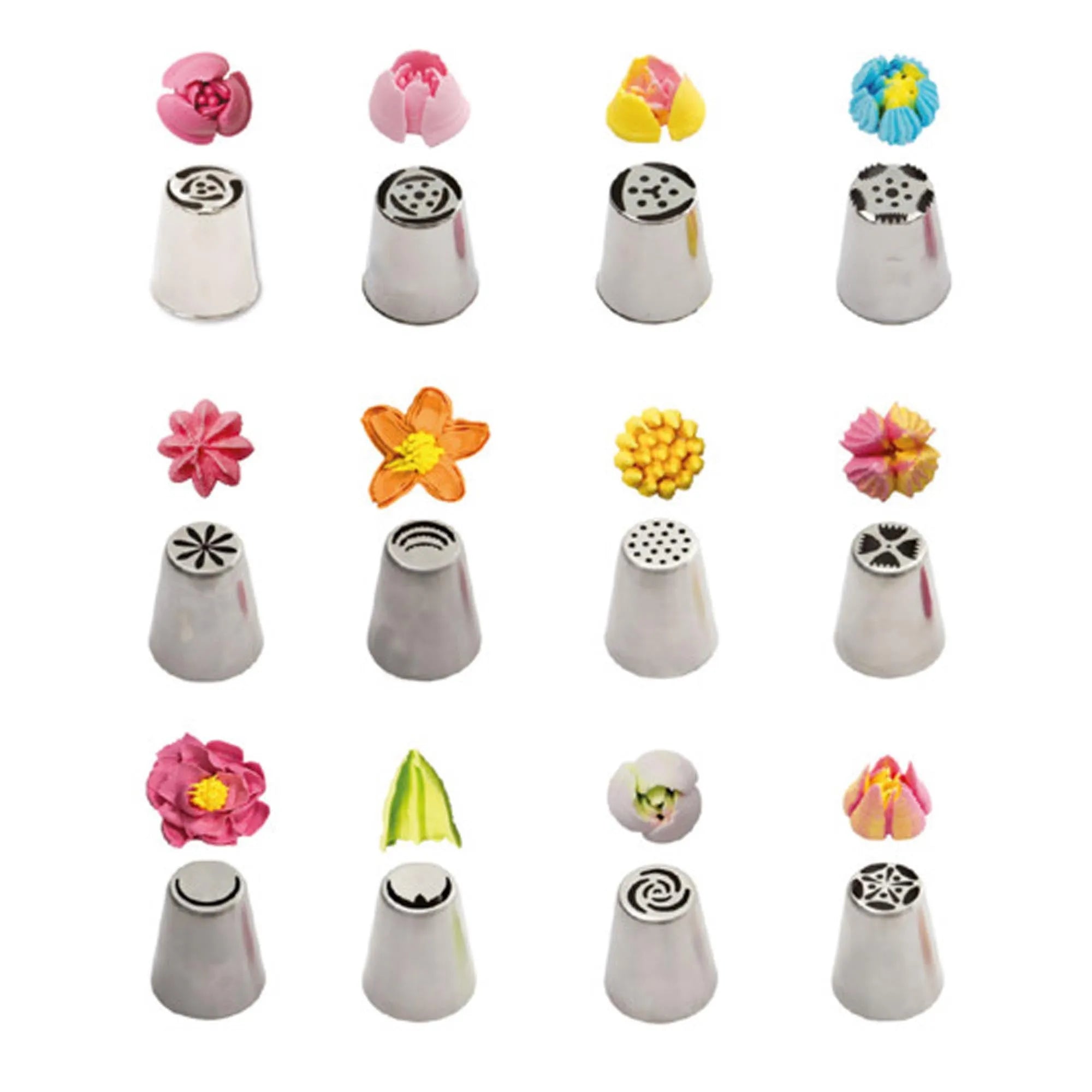 Set mit 12 Edelstahl-Spritztüllen für 3D-Blumen-Dekorationen, ideal für kreative Tortendekorationen, in praktischer Box.