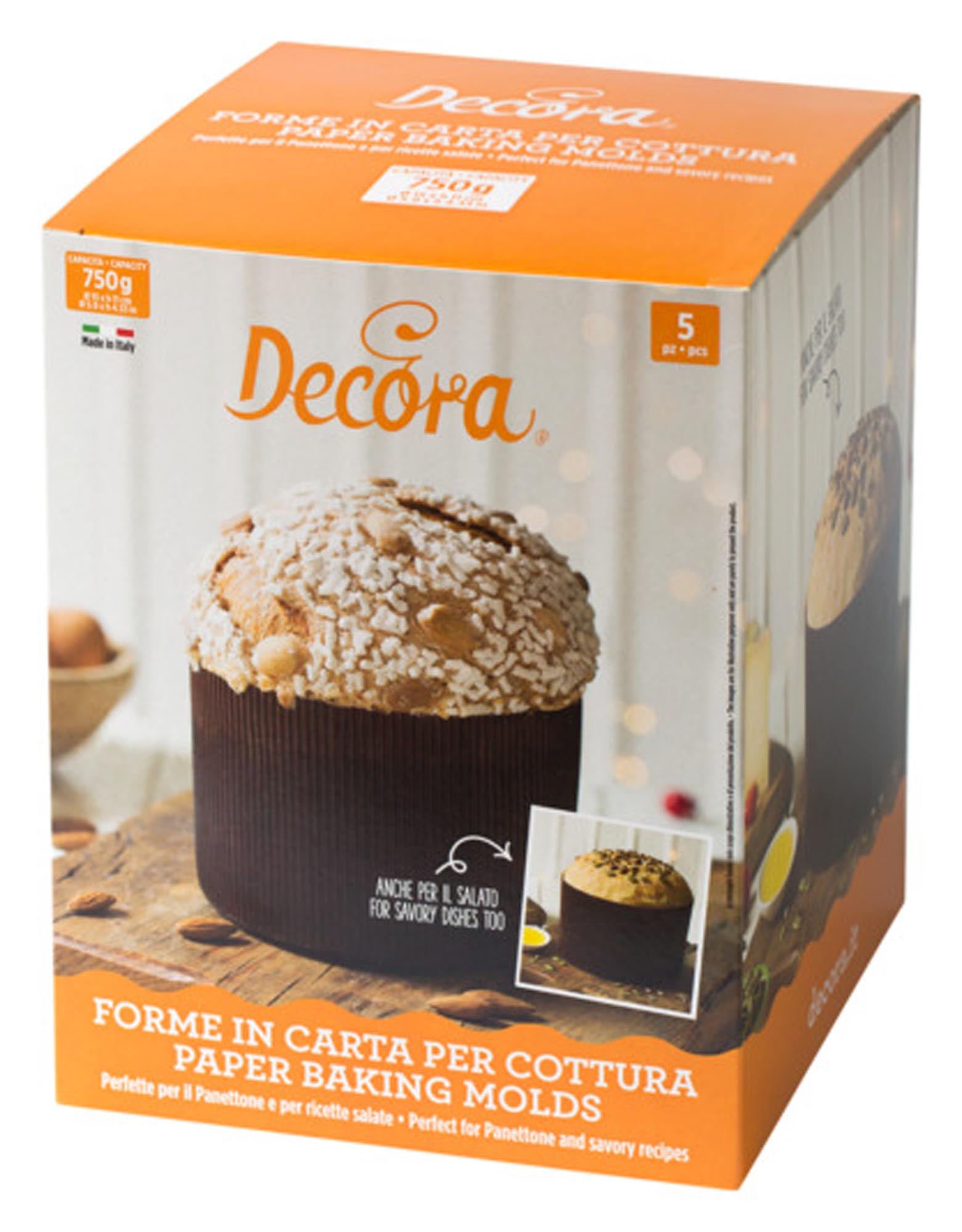 Entdecken Sie die DECORA Panettone-Brioche-Formen aus hochwertigem Papier. Ideal für festliche Backwaren, gleichmäßige Wärmeverteilung und einfache Reinigung.