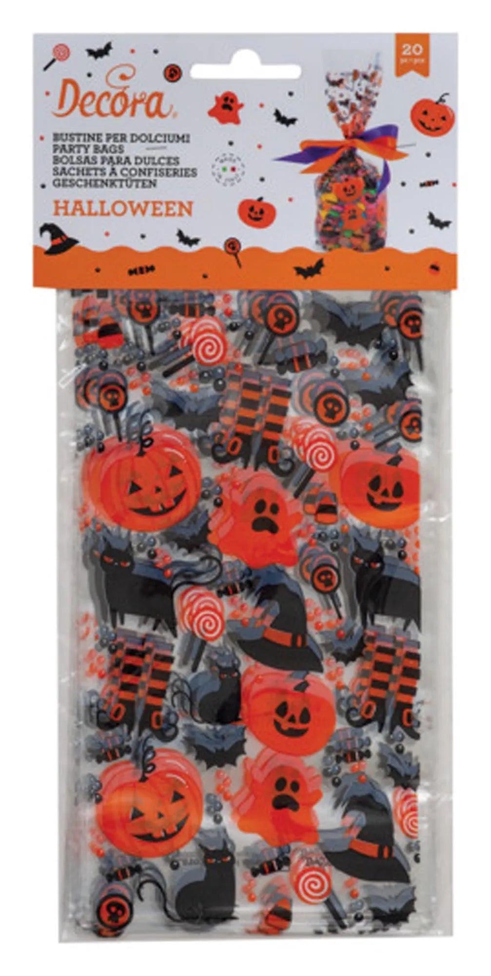 Transparente Halloween-Beutel von DECORA, 20 Stück, 12,5x3x24 cm, ideal für Snacks und Geschenke, lebensmittelecht und stabil.