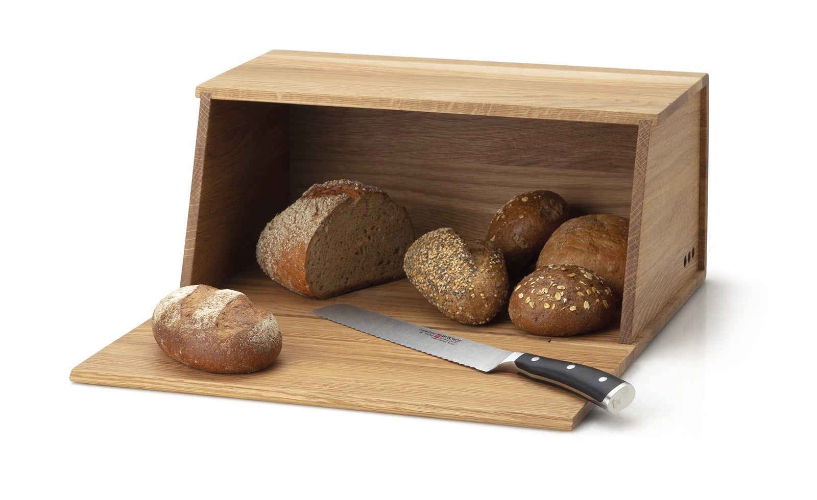 Stilvoller Brotkasten aus hochwertiger Eiche, 40x26x18,5 cm. Schützt Ihr Brot vor Schmutz und hält es frisch. Ein elegantes Küchenaccessoire!