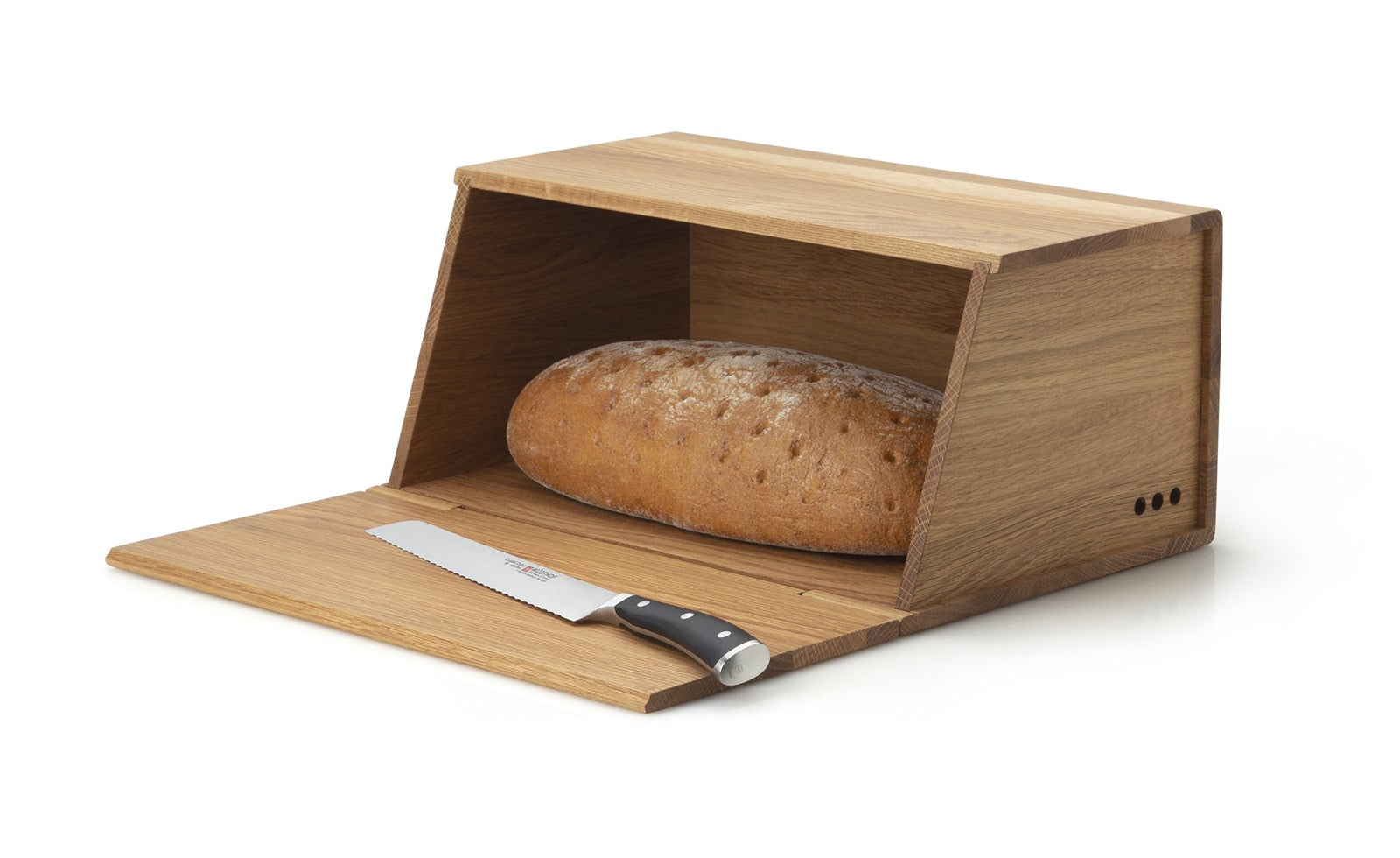 Eleganter Brotkasten aus robustem Eichenholz, 40x26x18,5 cm. Schützt Ihr Brot vor äußeren Einflüssen und sorgt für langanhaltende Frische.